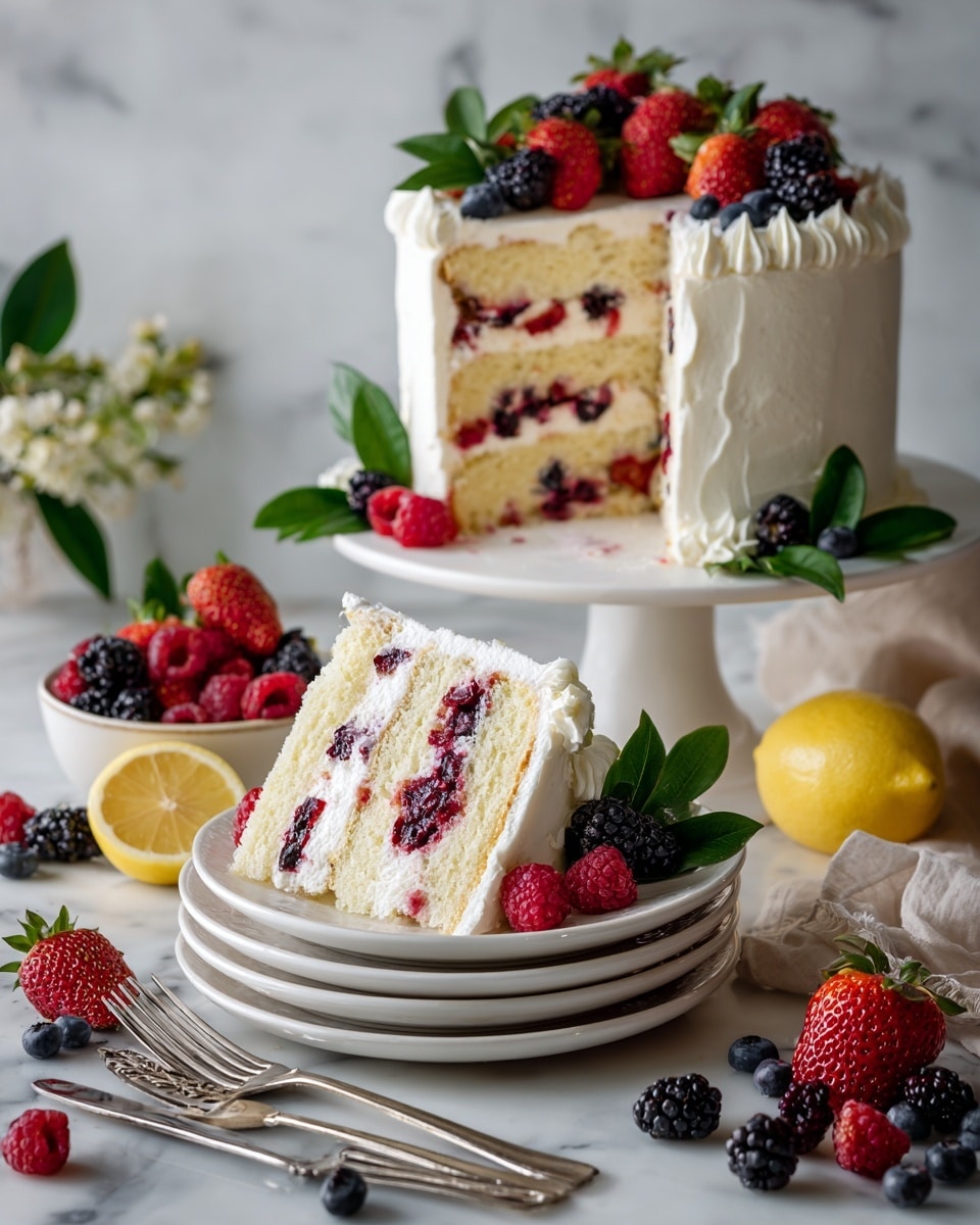 This is a tall, round cake with four layers of light, fluffy sponge separated by thick white cream that holds pieces of red strawberries and blackberries inside. The outside of the cake is covered smoothly in white cream, with small, round cream dots decorating the top edge and base. On the top center, there is a pile of whole strawberries, blueberries, raspberries, and blackberries adding bright red, blue, and black colors. The cake is placed on a white marbled surface. Photo taken with an iphone --ar 4:5 --v 7