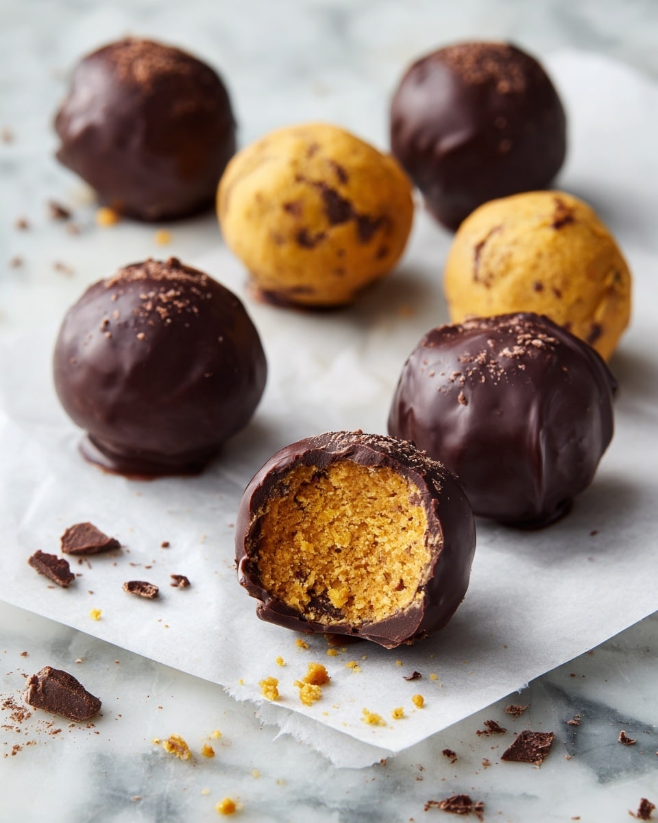 The image shows round chocolate-covered balls placed on a white marbled surface with a white paper underneath. There are six balls in total: five are coated in dark chocolate with a smooth, slightly bumpy texture, and one ball is bitten, revealing a golden brown, rough-textured filling inside. There are also two golden brown balls without chocolate nearby, showing a matte and lightly textured surface. Small chocolate bits and smudges are scattered around the balls, adding to the casual and natural look. Photo taken with an iphone --ar 4:5 --v 7