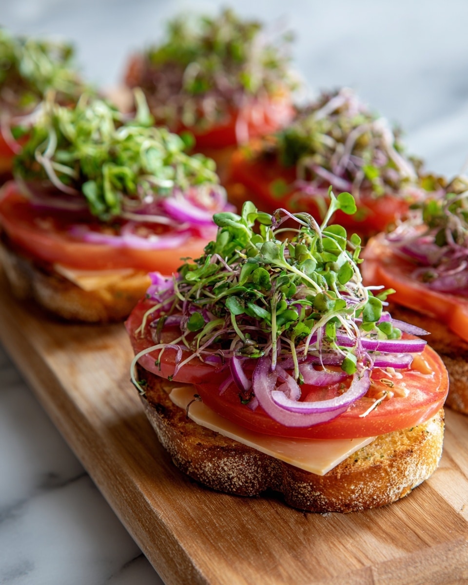 An open sandwich is placed on a wooden cutting board with a white marbled background. The base layer is a round toasted bread with a light golden-brown color and slightly rough texture. Over the bread, there is a layer of thinly folded pale beige deli slices arranged evenly along the edges. On top of the deli slices, bright red tomato slices are placed, each displaying a juicy texture and fresh look. Above the tomato, a heap of vibrant green leafy sprouts fills the center, adding a soft, leafy texture. The final layer consists of thin, curly slices of purple-red onions scattered on top, adding a fresh and crisp appearance. Photo taken with an iphone --ar 4:5 --v 7