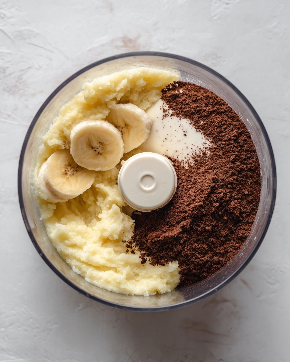Inside a clear food processor bowl, there are two main layers of ingredients: on the left side, light yellow mashed bananas with a soft, chunky texture; on the right side, a dark brown powder, likely cocoa or coffee, resting on top of a small patch of creamy white substance slightly visible underneath. The bowl sits on a white marbled surface, showing the center white plastic part of the food processor. Photo taken with an iphone --ar 4:5 --v 7