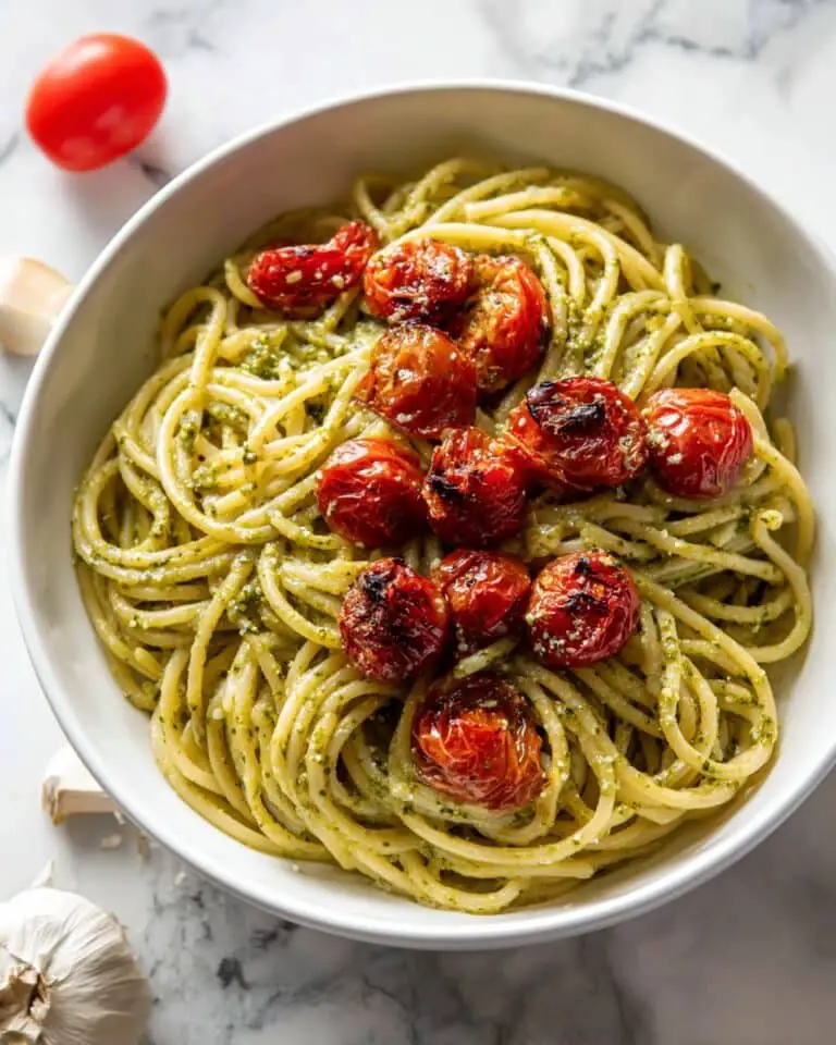 Roasted Garlic Pesto Spaghetti with Blistered Cherry Tomatoes Recipe