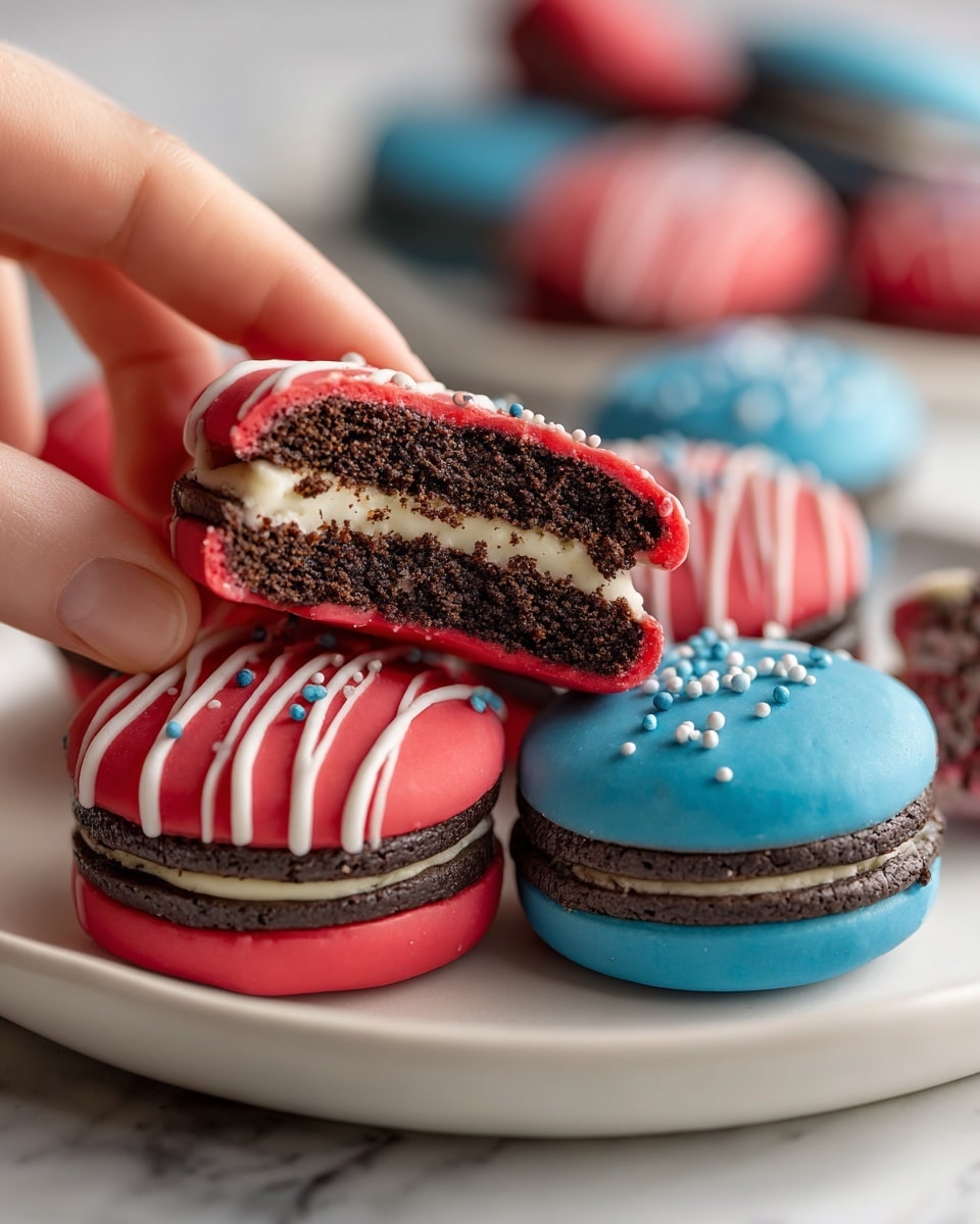 The image shows several sandwich cookies dipped in colorful coating, placed on a white plate with a white marbled surface beneath. The cookies have three clear layers: a cream filling layer in the middle, sandwiched by two dark chocolate cookie layers. Some cookies are covered in a smooth, bright red coating with white stripes drizzled on top, while others are covered in a smooth blue coating with small white round sprinkles scattered on their surface. One of the red-coated cookies is broken in half, revealing the inside layers clearly. The image is focused on the cookies in the foreground with a blurry background of more cookies and a woman’s hand holding one in the back. photo taken with an iphone --ar 4:5 --v 7