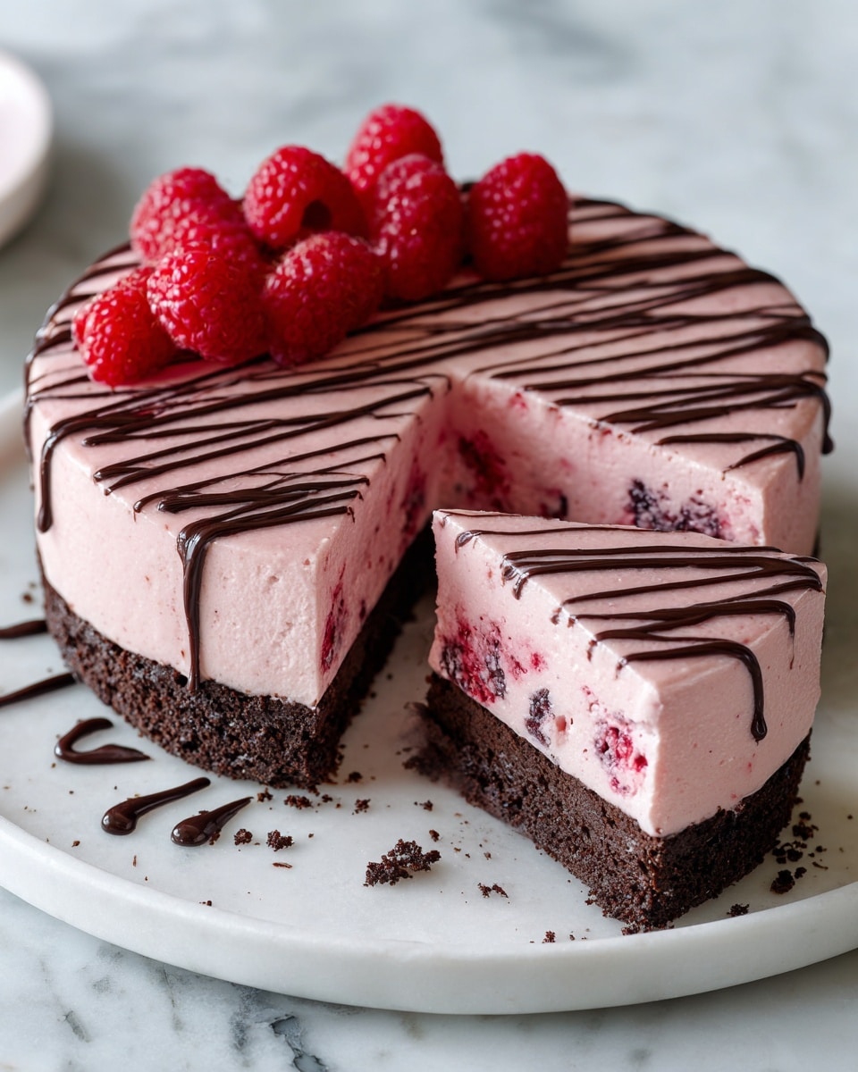 A close-up of a slice of raspberry mousse cake on a white plate with a white marbled background. The cake has three layers: the bottom layer is dark, crumbly chocolate crust, the middle layer is thick pink raspberry mousse with a smooth and creamy texture, and the top layer has thin drizzles of dark chocolate arranged in parallel lines. On top of the cake slice, there is a fresh, bright red raspberry. Around the cake on the plate are more fresh raspberries and some scattered chocolate crumbs and smears of pink mousse. Photo taken with an iphone --ar 4:5 --v 7