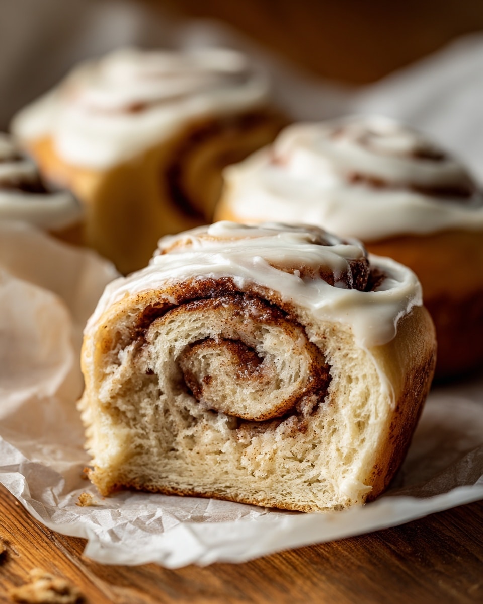 A close-up of a cinnamon roll cut in half, showing its soft, light beige dough with visible swirls of dark brown cinnamon filling inside. The roll is topped with a smooth layer of white cream cheese frosting that lightly drapes over the edges. It sits inside a crinkled white paper liner on a wooden surface with warm tones and natural grain. In the background, there are parts of whole cinnamon rolls with the same frosting visible. photo taken with an iphone --ar 4:5 --v 7