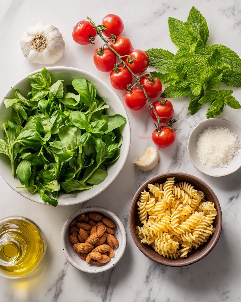 The image shows several bowls and ingredients placed on a white marbled surface. There is one white bowl filled with bright green basil and mint leaves. Another white bowl has fresh arugula leaves inside. A vine of small, shiny red cherry tomatoes lies across the surface near two garlic cloves. A small white bowl holds whole almonds, while another brown bowl contains yellow spiral pasta. Two small bowls on the side have white salt and finely grated cheese. A glass bottle of pale yellow olive oil is also visible in the corner. The arrangement is neat and colorful, with a fresh and natural look. Photo taken with an iphone --ar 4:5 --v 7