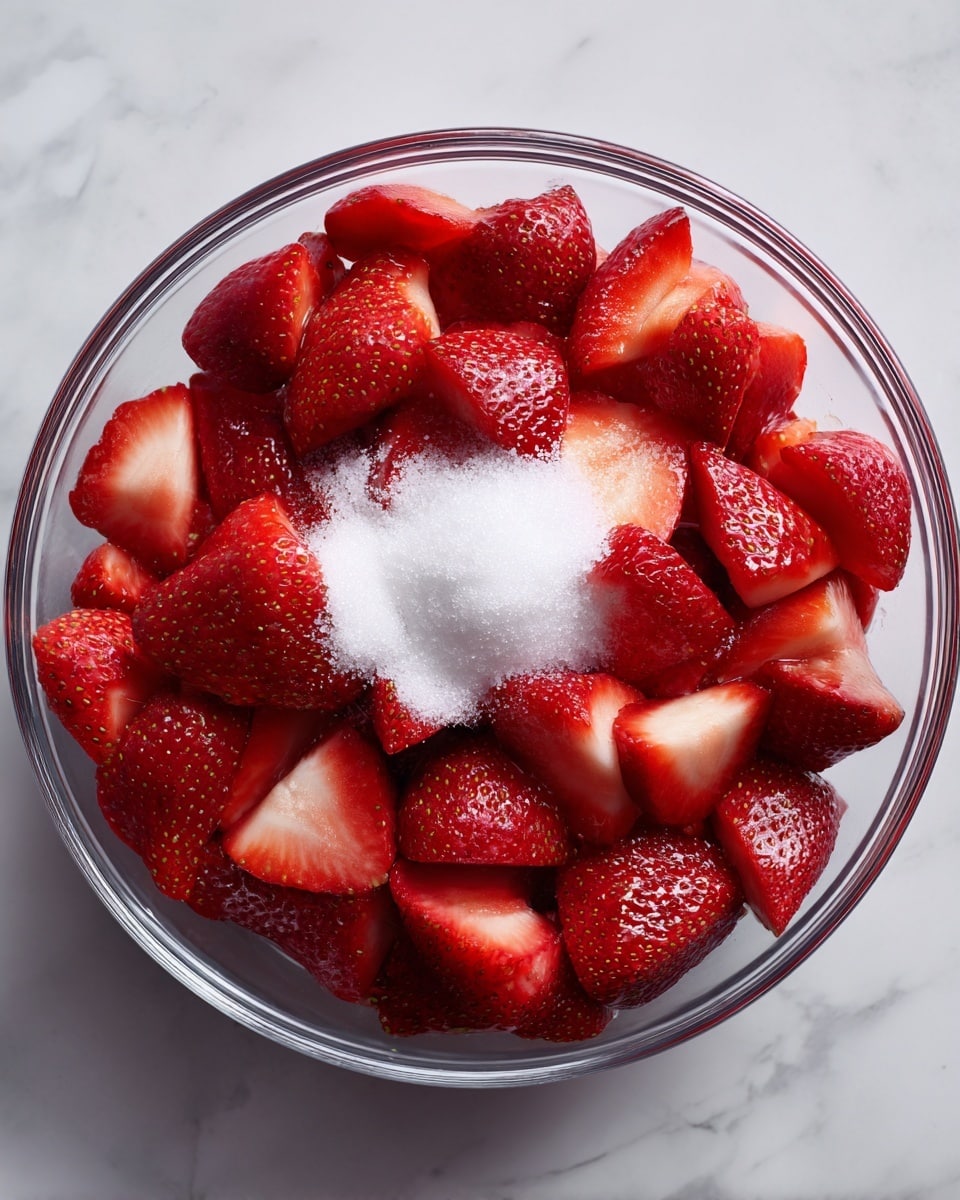 A clear glass bowl filled with many fresh, cut strawberries showing different shapes and sizes, mostly red with some shiny texture, topped with two small piles of white granulated sugar in the center, sitting on a white marbled textured surface. photo taken with an iphone --ar 4:5 --v 7