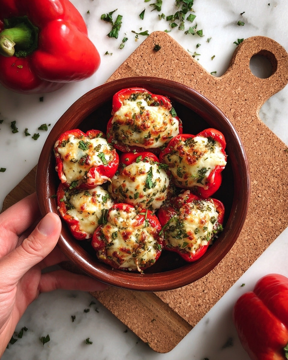 A round white ceramic dish filled with two layers of red peppers cut into short cylindrical shapes, each stuffed with melted light yellow cheese that has a slightly golden brown top layer. The peppers are arranged tightly together, with some fresh green chopped herbs sprinkled on top for color contrast. The dish sits on a cork mat placed on a white marbled surface, giving a clean and fresh look to the overall image. Photo taken with an iphone --ar 4:5 --v 7