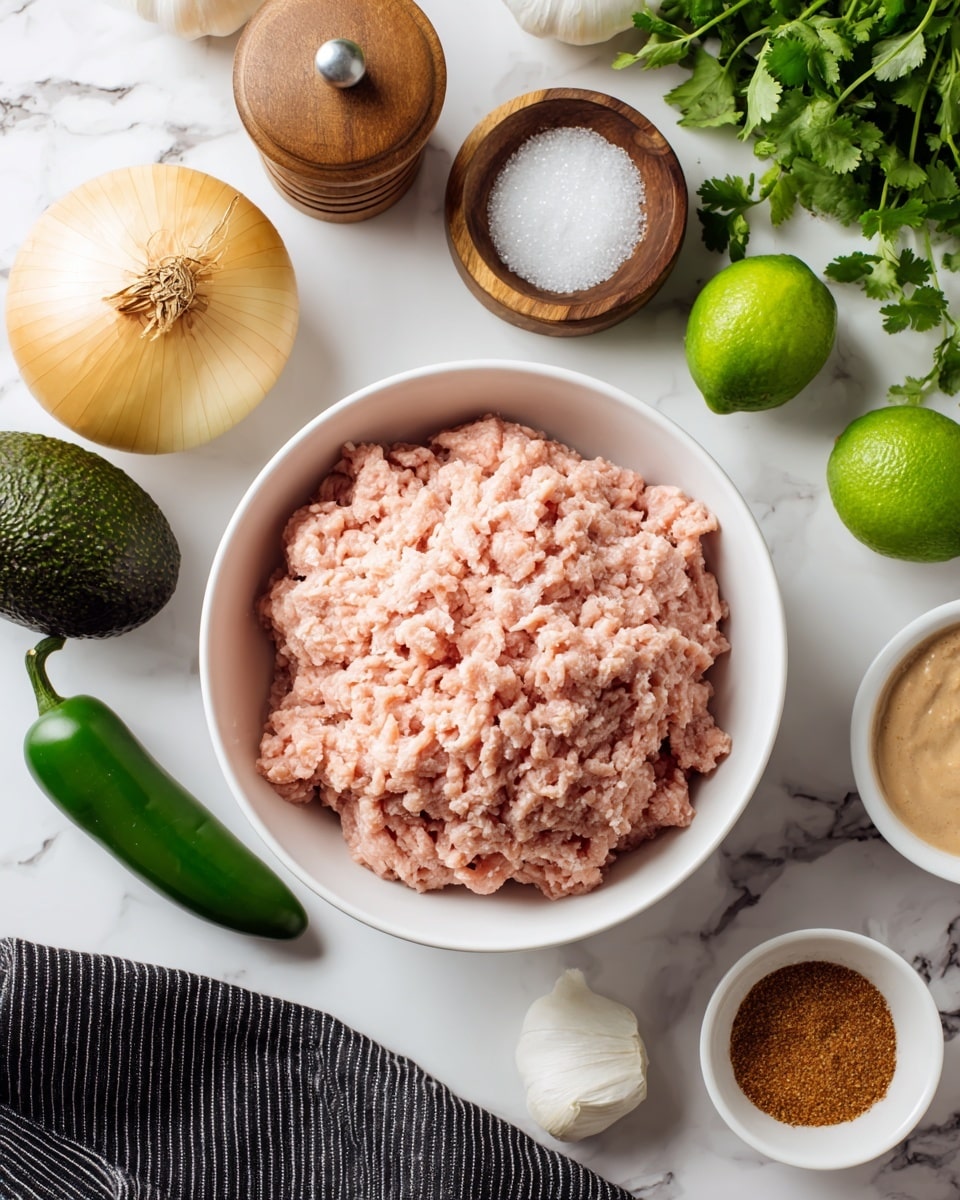 A white bowl sits in the center filled with a large mound of light pink ground meat with a soft, slightly wet texture. Around the bowl, on a white marbled surface, are various ingredients: a whole yellow onion with light brown patches on the upper left, a round wooden container with white salt inside, a wooden salt or pepper grinder, a bunch of fresh green cilantro on the upper right, two dark green avocados on the left, a whole bright green lime near the center, a fresh dark green jalapeño, a peeled whole garlic bulb, a small white bowl filled with a brown powdered spice, another white bowl with a smooth beige sauce, and a partially visible bowl with a red sauce in the bottom right. A black and white striped cloth is placed under some ingredients on the bottom left. Photo taken with an iphone --ar 4:5 --v 7