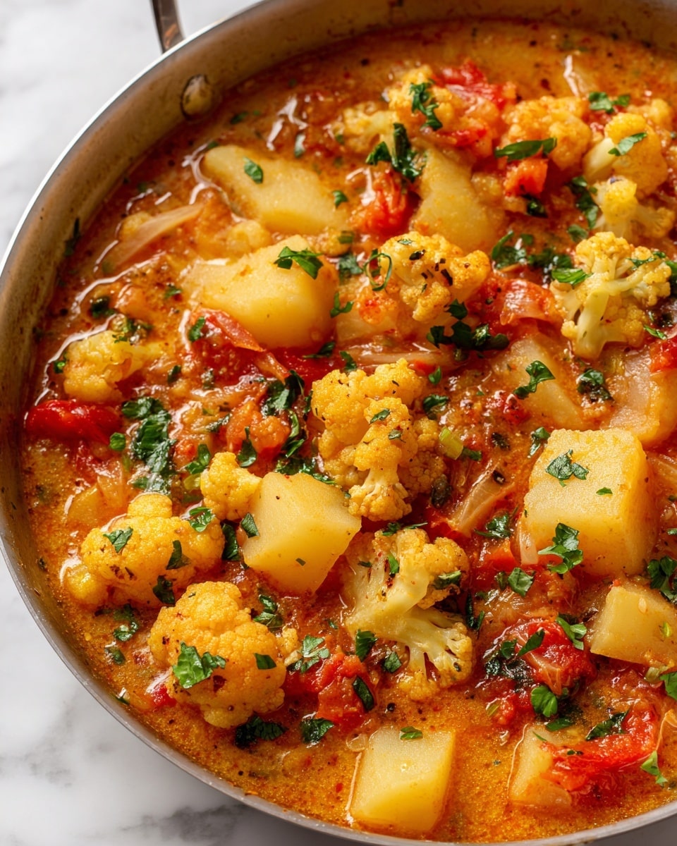 A close-up view of a stew with a thick orange sauce in a silver pan on a white marbled surface, featuring chunks of soft white potatoes and small pieces of cauliflower mixed in. The stew has bright green slices of fresh herbs scattered on top, with visible bits of cooked onion and small chunks of tomato adding red and translucent textures. The sauce looks smooth with some grainy, cooked vegetable bits throughout, creating a warm and hearty look. photo taken with an iphone --ar 4:5 --v 7