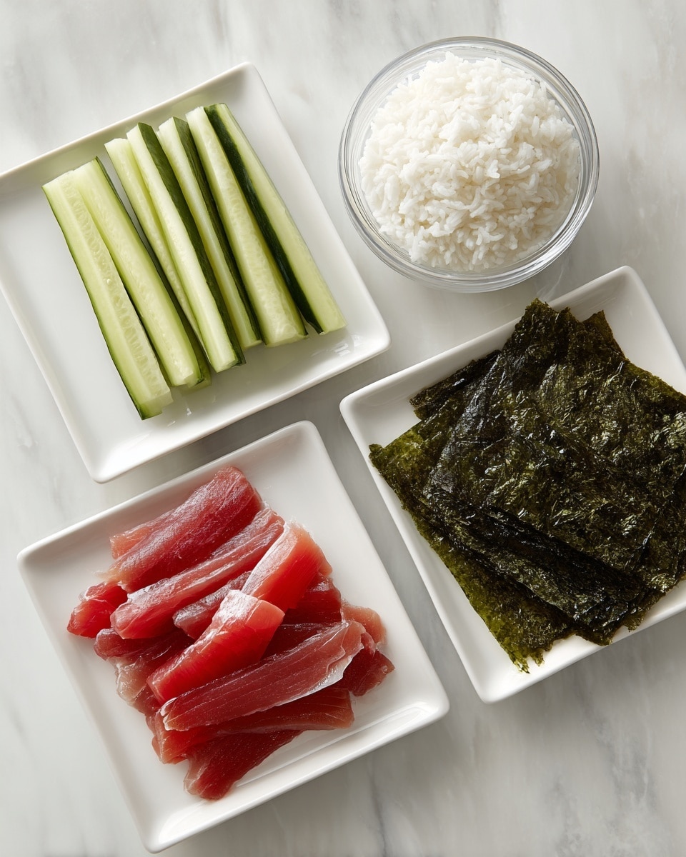 There are four separate white dishes placed on a white marbled surface. One square plate holds thin slices of red raw fish laid flat and slightly overlapping. Another rectangular plate contains four long, peeled cucumber sticks, light green in color with a smooth surface. A clear glass bowl is filled with white sticky rice, loosely packed. Lastly, a square dish holds a large, dark green sheet of seaweed with a slightly shiny, textured surface. photo taken with an iphone --ar 4:5 --v 7