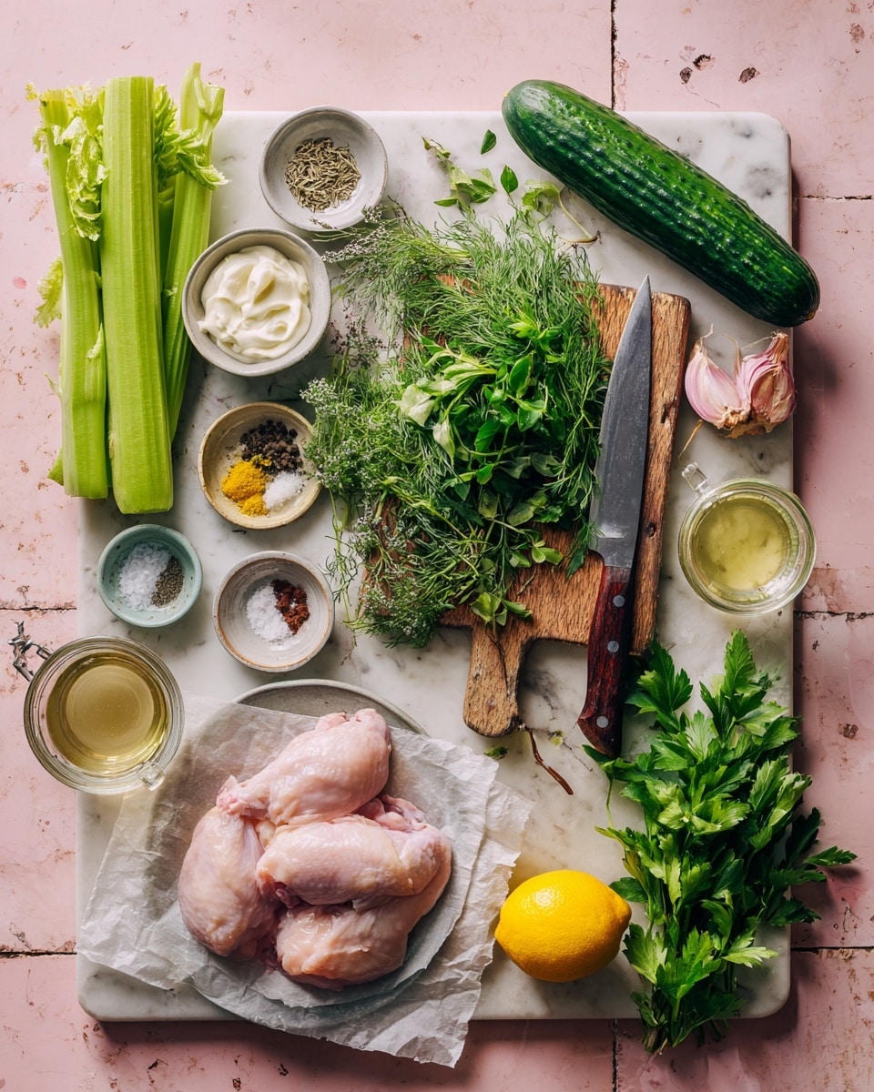 The image shows fresh ingredients arranged on a white marbled surface with a pink tiled background. On the left, there are long green celery stalks and a whole dark green cucumber. In the center, there is a wooden cutting board with bunches of green herbs including dill, chives, mint, and basil. A sharp knife with a brown wooden handle rests on the cutting board's right edge. Surrounding the cutting board are small glass bowls holding white mayonnaise, grainy mustard, salt, freshly ground black pepper, and a reddish liquid. Below the board, there is a clear measuring cup filled with a light brown liquid and a tube of garlic paste. Toward the bottom right, a whole yellow lemon and a lemon squeezer are placed next to fresh flat-leaf parsley. On the bottom right corner, three raw chicken pieces are on a white plate lined with parchment paper. A whole red onion sits nearby. photo taken with an iphone --ar 4:5 --v 7