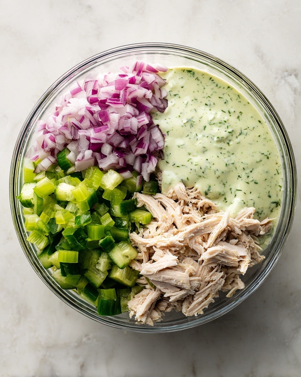 A clear glass bowl sits on a white marbled surface, holding four distinct layers of fresh ingredients. The bottom right section is filled with shredded pale beige chicken with a slightly fibrous texture. Next to it, on the bottom left, is a layer of finely chopped purple-red onions. Above the onions, in the bottom left corner of the bowl, are vibrant, light green pieces of diced cucumber. To the right of the cucumber, covering a large part of the top right side of the bowl, is a creamy light green sauce speckled with herbs. On top of this sauce, there is a layer of bright green diced celery pieces. The mix of soft, crunchy, and creamy textures with green, purple, and light beige colors makes the dish visually fresh and colorful photo taken with an iphone --ar 4:5 --v 7