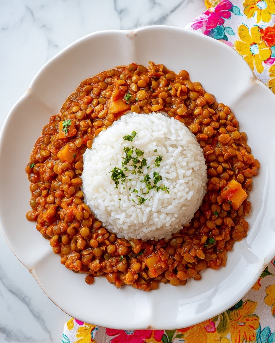The image shows a white flower-shaped plate with two main layers. The bottom layer is a neat round mound of white rice with a smooth texture. The top layer is a thick mix of lentils and potato chunks in a reddish-orange sauce, scattered with small green herb bits. The lentils are soft and brown-green, and the potatoes are cubed pieces with a light golden color. Some of the lentil and potato mix spills over the rice onto the plate. The plate sits on a white marbled surface with colorful floral and yellow patterned cloth partially visible around it. photo taken with an iphone --ar 4:5 --v 7