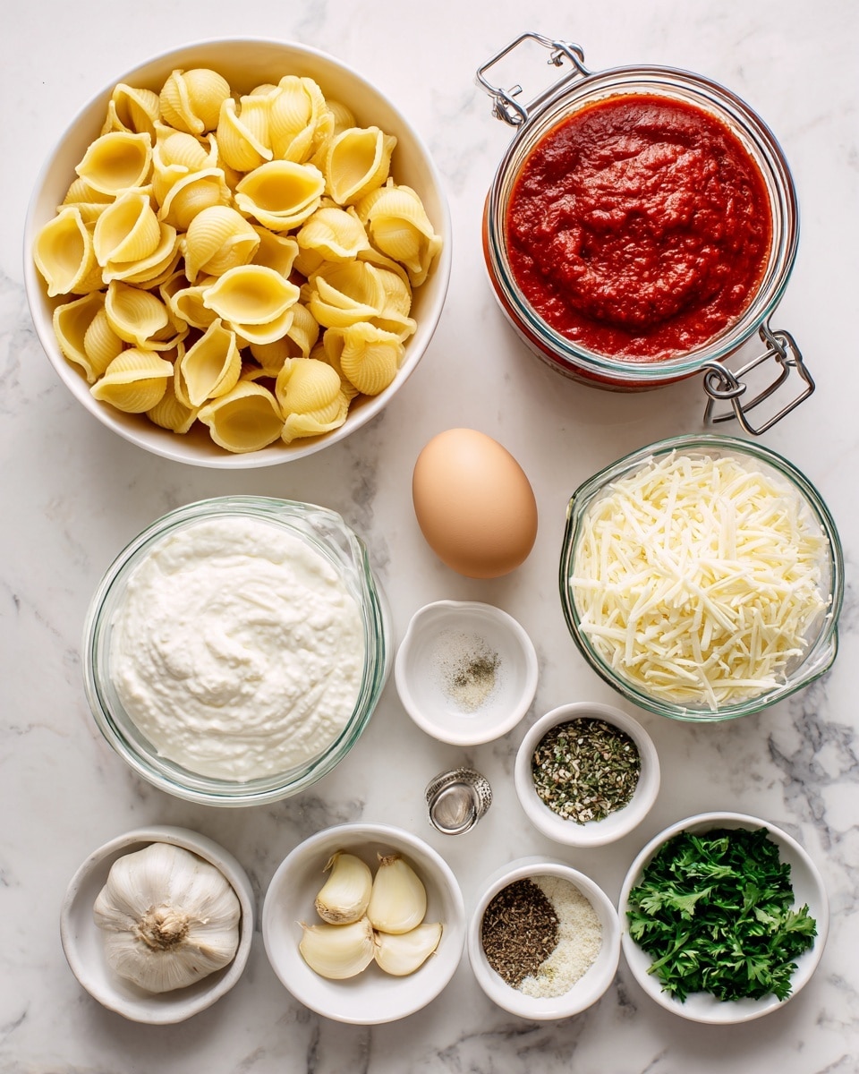 A flat lay image shows various ingredients arranged neatly on a white marbled surface. On the top left, there's a white bowl filled with yellow jumbo pasta shells. To its right, a glass jar with a metal clasp holds thick bright red marinara sauce. Below the jar is a glass measuring cup filled with shredded white mozzarella cheese. In the center, there is a small clear bowl containing a single light brown egg. Below that, there are three peeled garlic cloves and a spoon with dried oregano. On the left side, a tall white container of whole milk ricotta is visible, with small white bowls containing chopped green basil and parsley below it. To the right, separate small white bowls hold grated Parmesan cheese, a mix of salt and black pepper, plain black pepper, and a combination of salt, garlic powder, and black pepper on a white plate. The image is well-lit and the items are evenly spaced. photo taken with an iphone --ar 4:5 --v 7