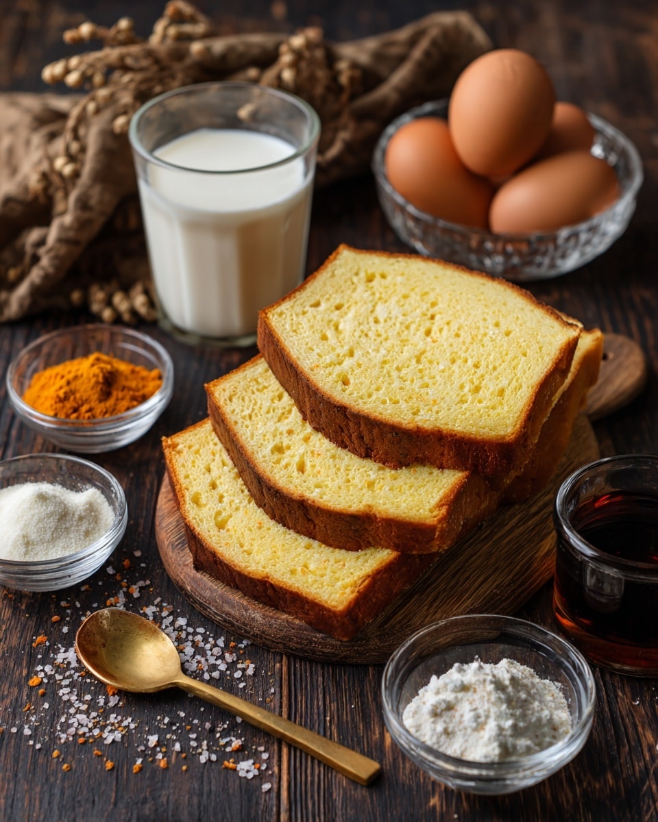 The image shows five slices of light yellow bread with a soft texture stacked on a small wooden board. Near the bread, there are three brown eggs placed close together on a rustic wooden surface. A clear glass cup filled with white milk sits behind the eggs, and small glass bowls with orange-brown powder and white granules are nearby. A golden spoon holding salt rests on the wood to the left. In the lower right corner, a small glass of dark brown liquid is partially visible. The wooden surface has a deep brown color with a textured pattern. photo taken with an iphone --ar 4:5 --v 7