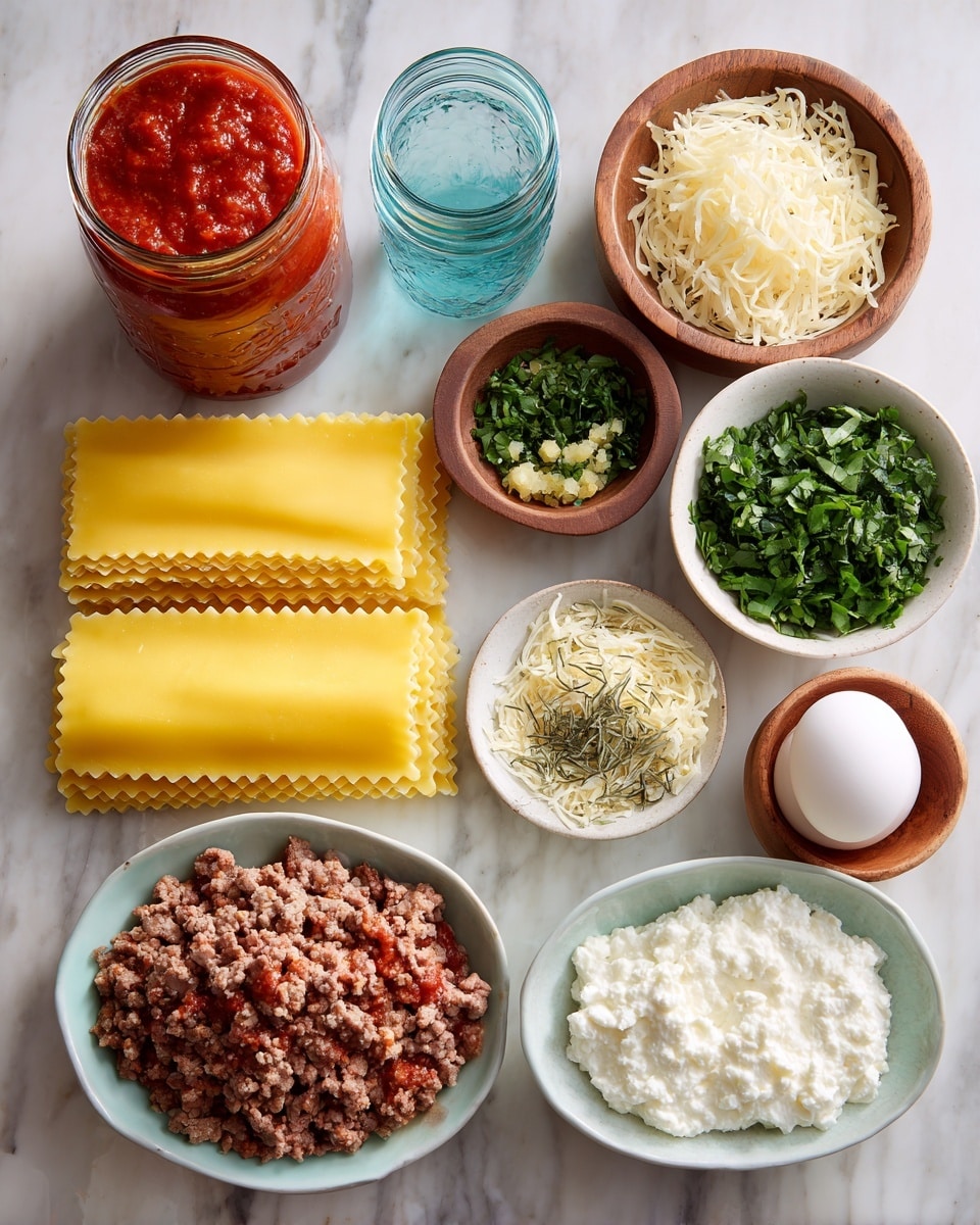 The image shows several ingredients for cooking, arranged neatly on a white marbled surface. There is a tall glass jar of red tomato and basil pasta sauce on the left. Below it, there are three yellow lasagna pasta sheets side by side with ruffled edges. To the right, there are small bowls and plates: a small brown bowl of minced garlic, a white bowl filled with fresh chopped green herbs, a wooden bowl with shredded pale yellow cheese, a white bowl of cooked ground meat, a white bowl full of white ricotta cheese, a small white plate with dried herbs, a light blue bowl overflowing with shredded white cheese, and a wooden bowl holding a single white egg. Two small blue mason jars lay near the top center part of the image. The colors are fresh and bright with a neat setup. Photo taken with an iphone --ar 4:5 --v 7