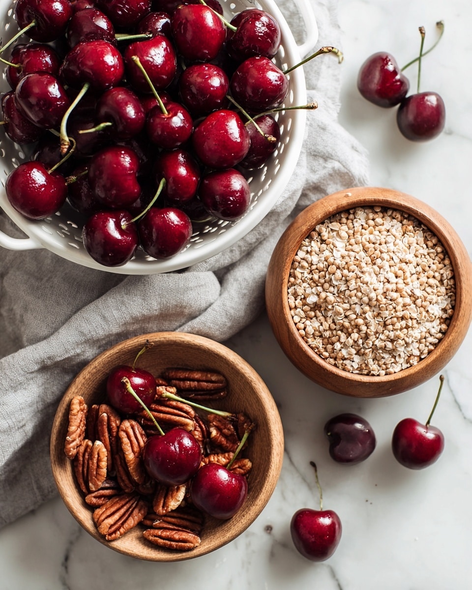 The image shows three main parts on a white marbled surface: a white colander filled with shiny, deep red cherries with green stems at the top left, a wooden bowl filled with light brown grains in the bottom center, and a small wooden bowl of pecans to the right. A few cherries are scattered across the marbled surface near the bowls. A folded gray cloth is placed under the colander, adding texture to the scene. The colors are warm and natural, and the focus is sharp on the cherries and grains, making them look fresh and inviting. photo taken with an iphone --ar 4:5 --v 7