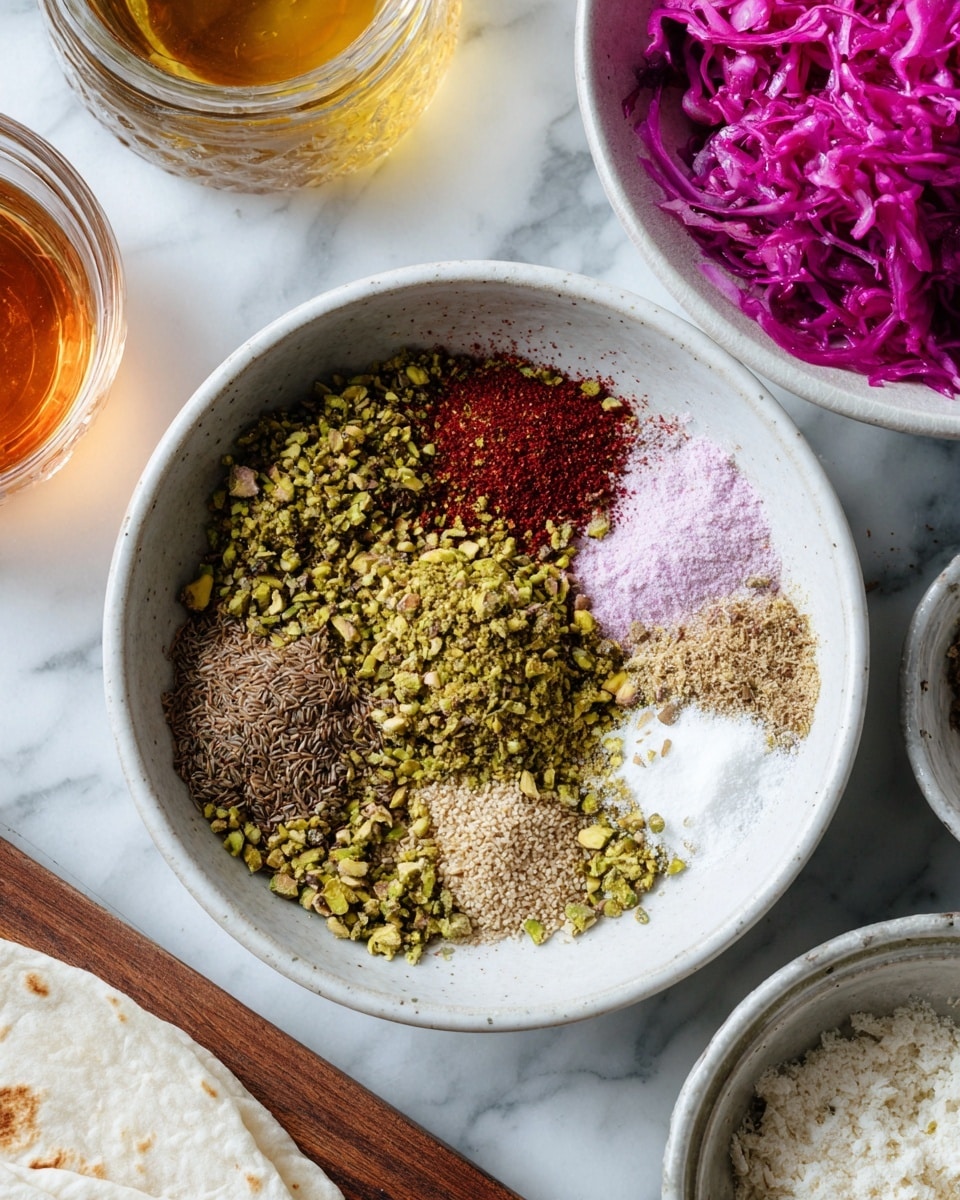 A white bowl is centered on a white marble surface filled mostly with crushed green pistachios. On top of the pistachios, smaller piles of differing spices include light brown ground flaxseed, red paprika, and a mix of light beige and white powders arranged side by side in lines. In the upper right corner, a white bowl holds shredded bright purple cabbage. The upper left side shows a partially visible amber-colored liquid in a container. The bottom left corner shows a wooden board with part of a white tortilla resting on it. photo taken with an iphone --ar 4:5 --v 7