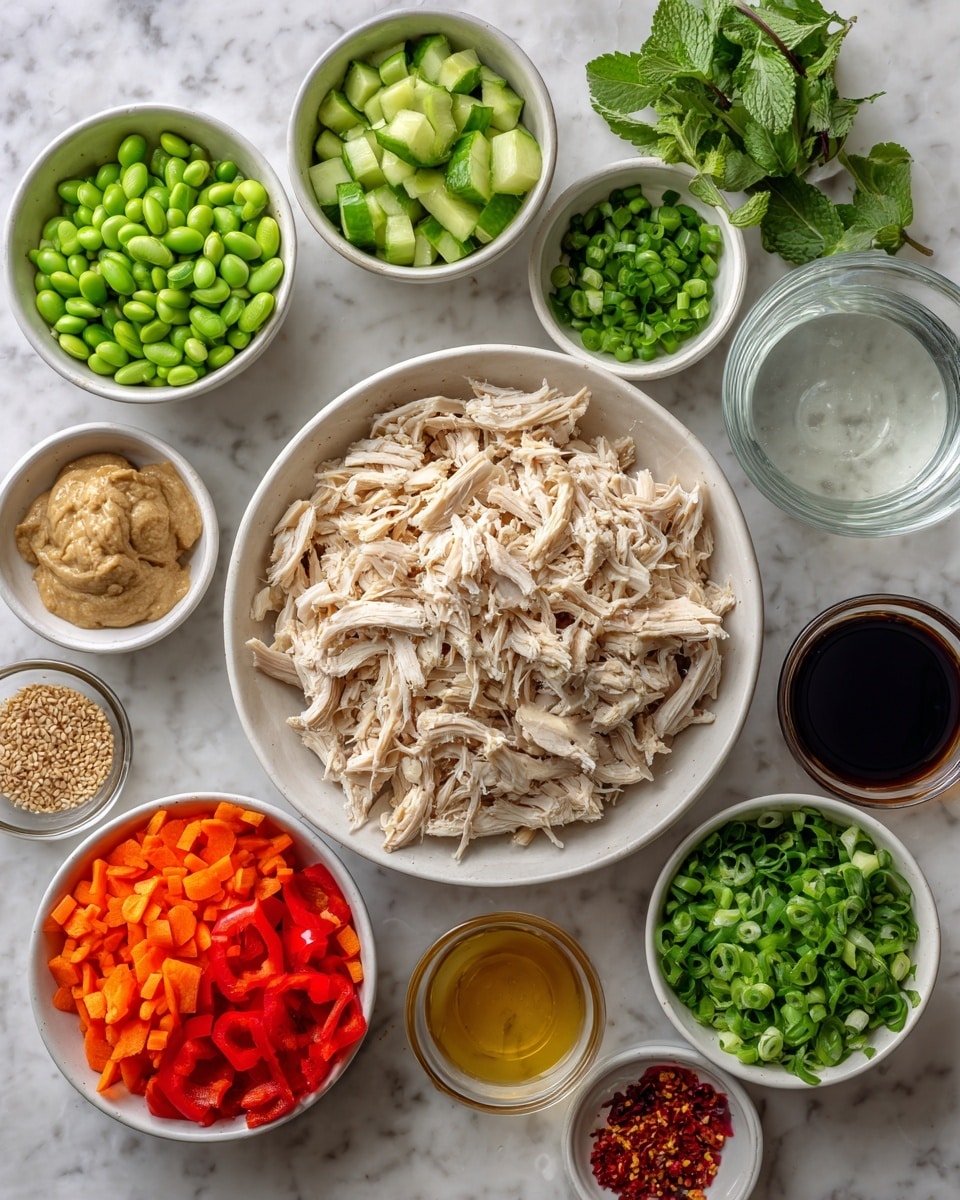 The image shows many small white bowls arranged neatly on a white marbled surface. In the center is a large white bowl filled with shredded light brown cooked chicken. Surrounding it are bowls with chopped green cucumber cubes, bright green edamame, finely shredded orange carrots, and chopped red bell peppers. There are also small bowls with green onions, fresh herbs like cilantro and mint, a light brown creamy sauce, dark soy sauce, golden liquid (likely oil), sesame seeds, minced garlic, minced ginger, and some crushed red pepper flakes. One small clear glass bowl with water is also visible. The colors are fresh and varied, showing ingredients for making a fresh chicken salad or bowl photo taken with an iphone --ar 4:5 --v 7