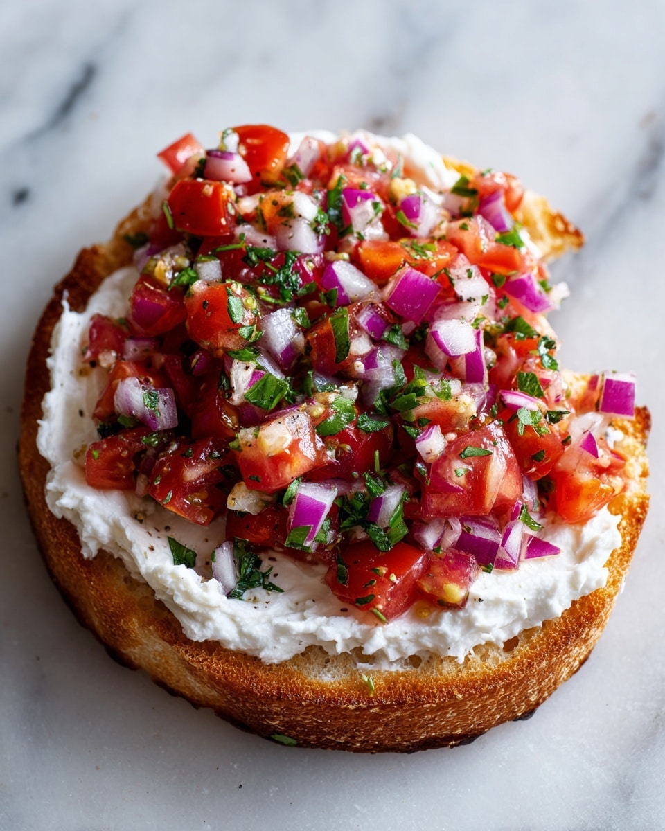 A toasted round bread sits on a white marbled surface, with one small bite taken out of its edge. The bread has a thick layer of creamy white spread on top, looking soft and slightly textured. On top of the spread, there is a generous layer of fresh diced tomatoes mixed with small pieces of red onion, adding bright red and purple colors with a juicy, slightly wet texture. The mix covers almost the whole bread evenly, giving a fresh, colorful look. Photo taken with an iphone --ar 4:5 --v 7