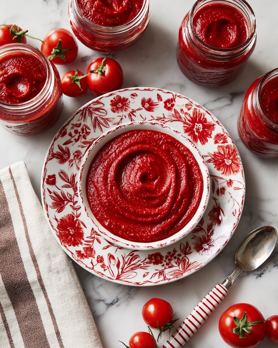 A white bowl with red floral patterns holds a thick, smooth reddish-brown sauce spread in three rounded layers, with the top layer forming small peaks and swirls in the center. The bowl sits on a matching saucer placed on a white marbled surface. Around the bowl, there are small red tomatoes and two glass jars filled with the same sauce, one jar open and the other closed. A shiny spoon rests between the bowl and the saucer. In the background, a beige and brown plaid cloth is softly blurred with more tomatoes scattered nearby. Photo taken with an iphone --ar 4:5 --v 7
