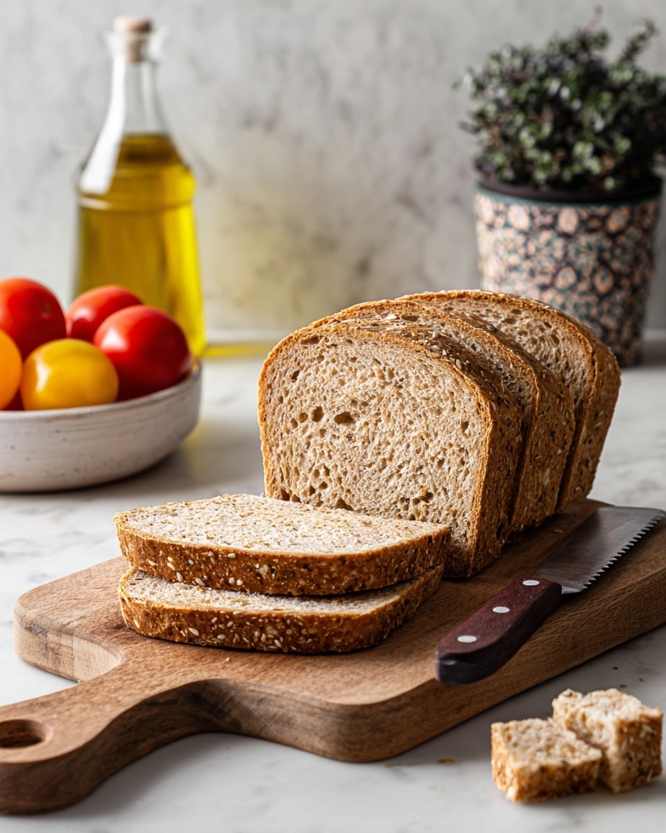 Three slices of multigrain bread with a light brown crust and visible seeds on the inside are stacked slightly overlapping on a wooden cutting board with a handle, placed on a white marbled surface. Next to the slices, two small cubes of the same bread show the soft, porous texture. A serrated knife with a dark wooden handle lies behind the bread on the surface. On the left side, there is a clear glass bottle filled with olive oil, and in the background, a white bowl contains red and yellow tomatoes. A small plant with dark leaves in a patterned pot is also visible. photo taken with an iphone --ar 4:5 --v 7