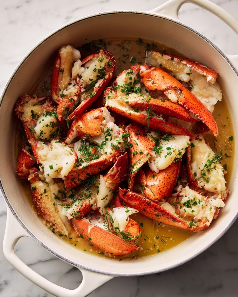 A white pot filled with cooked lobster pieces, showing different parts like claws and tails in reddish-orange and white colors. The lobster sits in a shiny golden butter sauce mixed with green herbs, possibly dill and chives, scattered over the top. The pot handle is visible at the bottom, and the whole scene is set on a white marbled surface, giving a clean and simple look. photo taken with an iphone --ar 4:5 --v 7
