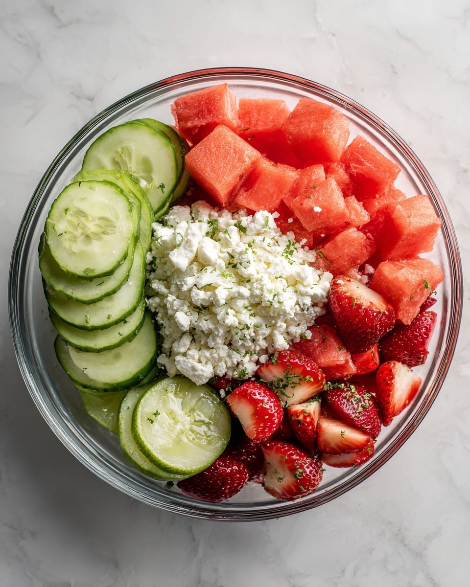 A clear glass bowl on a white marbled surface holds a fresh fruit and vegetable salad arranged in four distinct sections. On the left is a layer of thinly sliced green cucumber rounds stacked neatly. Above the cucumbers is a pile of bright red watermelon cubes showing their juicy texture. On the right side is a layer of sliced strawberries, revealing their red color and small seeds. In the center of the bowl is a mound of white crumbly cheese topping the colorful fruits and vegetables. Small green herb flecks are scattered over the ingredients. Lime wedges and a woman's hand holding a strawberry are visible around the bowl. Photo taken with an iphone --ar 4:5 --v 7