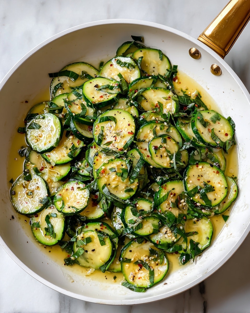 A white skillet filled with cooked, thin half-moon shaped slices of green zucchini mixed with dark green chopped basil leaves, all coated in a shiny light yellow sauce with visible black pepper flakes, sitting on a white marbled surface, with a golden handle visible at the bottom edge of the skillet photo taken with an iphone --ar 4:5 --v 7