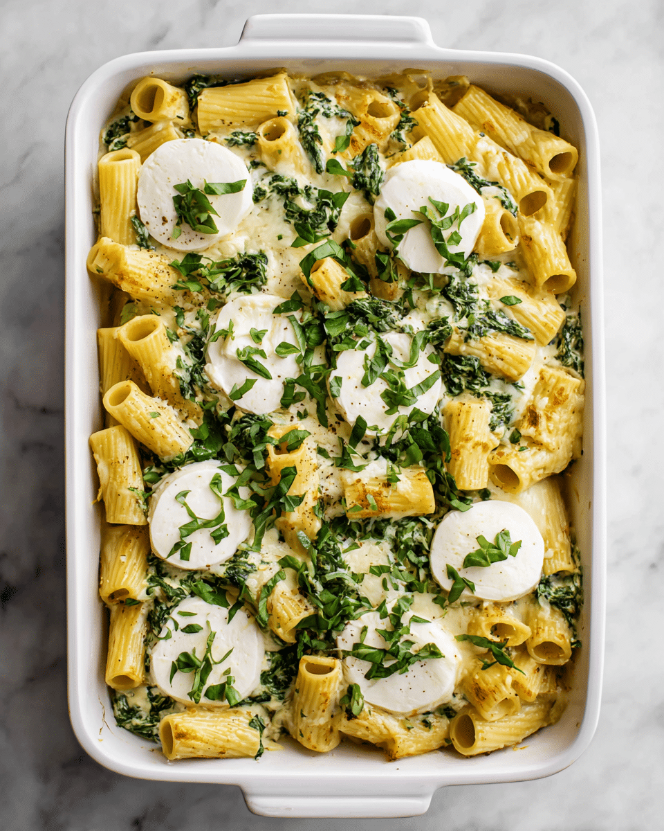 This image shows a white baking dish filled with baked pasta. The bottom layer is rigatoni pasta in light yellow, mixed with green spinach or basil and white creamy sauce. On top, there are several slices of fresh white mozzarella cheese scattered evenly across the pasta. Small pieces of chopped fresh basil are sprinkled over the dish, adding touches of green color. The dish is placed on a white marbled surface. photo taken with an iphone --ar 4:5 --v 7