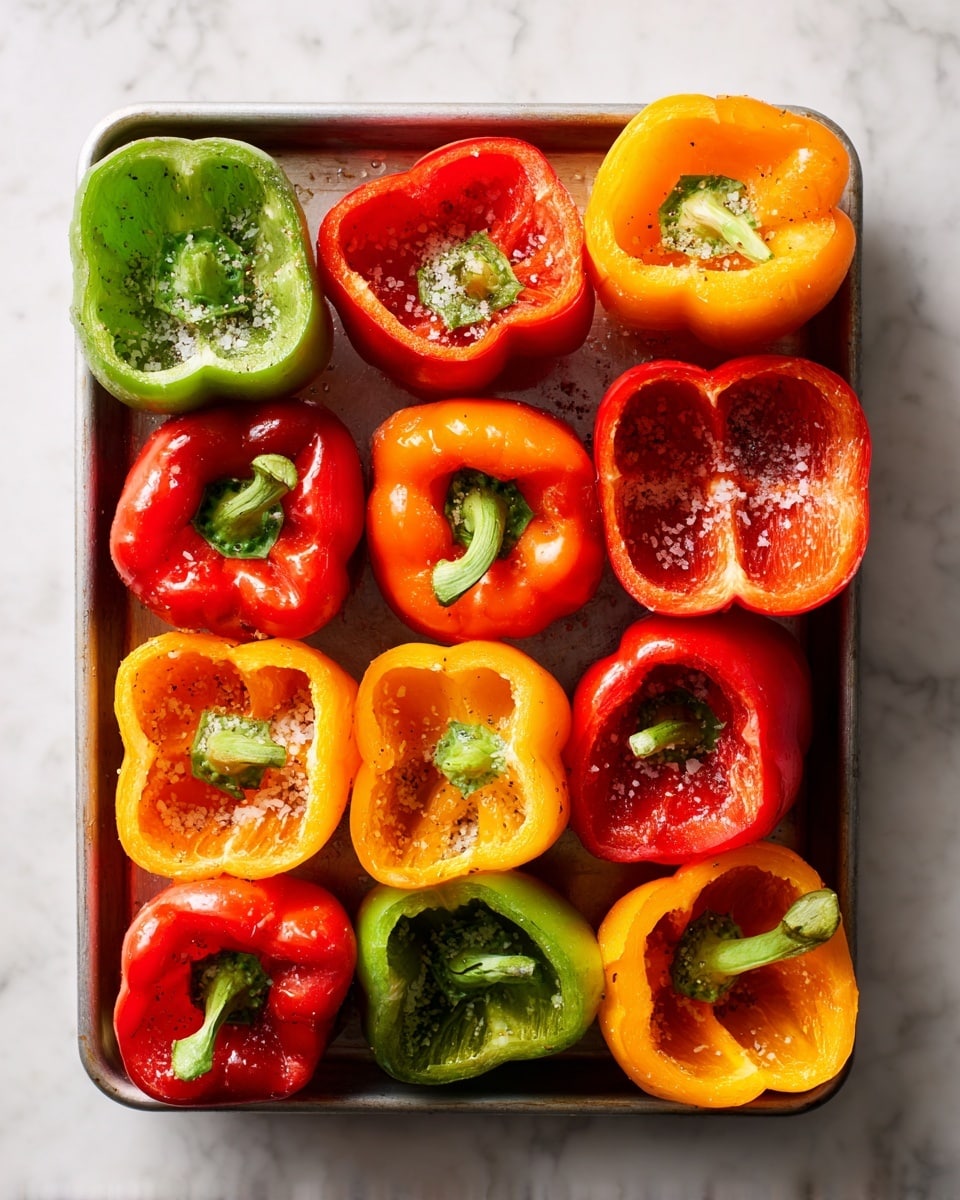 A metal baking tray holds thirteen bell pepper halves, arranged in a close cluster. The peppers are bright red, deep orange, and yellow, with the green stems still attached. Each pepper half is hollowed out, showing the smooth, ribbed interior walls with a shiny, slightly oily texture. They are sprinkled with small granules of salt and coarse black pepper, adding a speckled contrast to the glossy flesh. The tray rests on a white marbled surface that softly reflects the colors from above. The lighting is bright and natural, highlighting the freshness and vibrant colors of the peppers. photo taken with an iphone --ar 4:5 --v 7