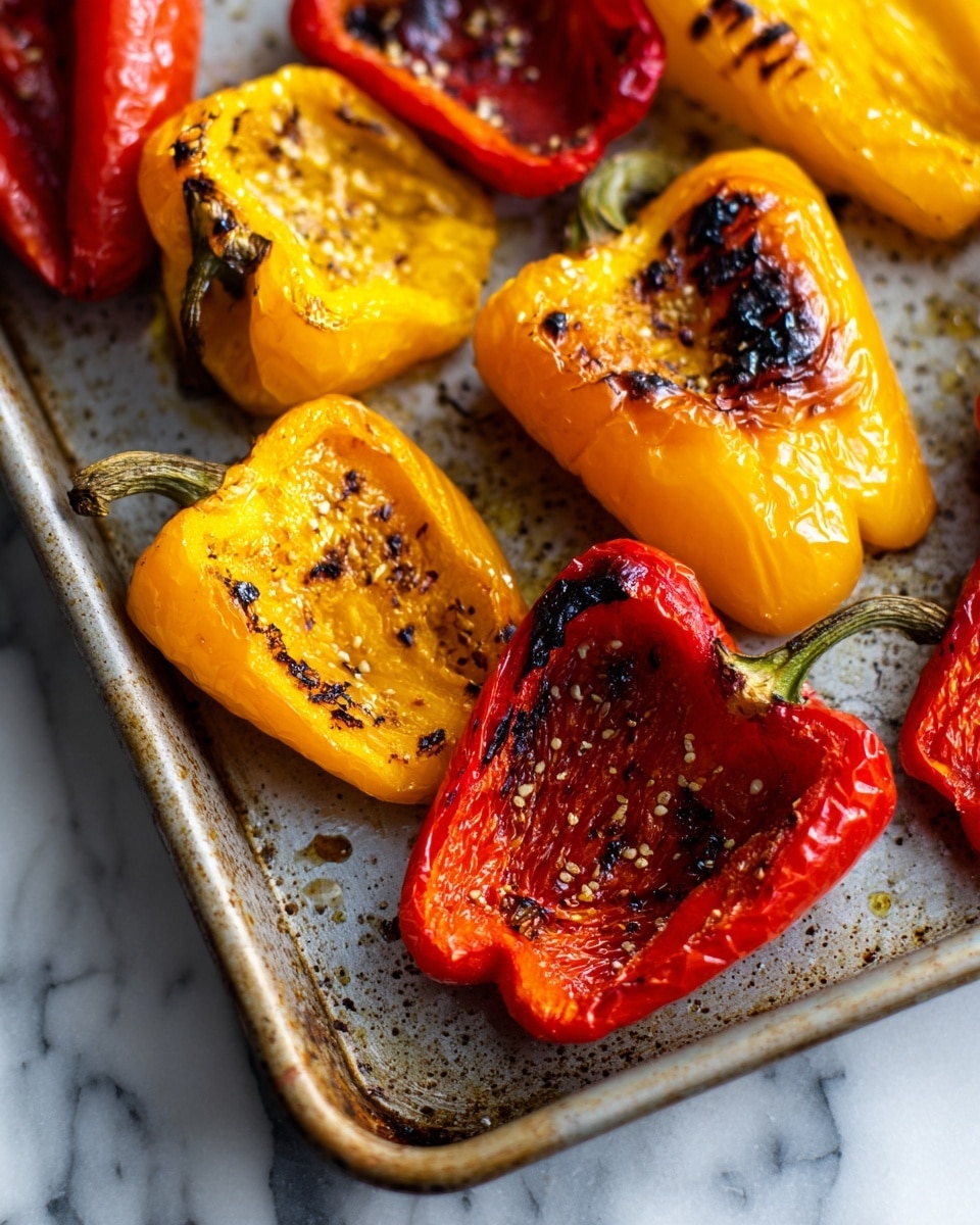 The image shows pieces of roasted bell peppers on a metal tray. There are two main colors visible: bright yellow and deep red. Each piece is halved with the inside facing up, showing a smooth, slightly shiny texture with some seeds. The edges of the pepper pieces are blackened and charred, giving a rough and burnt look. The peppers appear soft and cooked with wrinkled skin and some oil glaze on top. The metal tray has a dull surface with small indentations, and the background has a white marbled texture. photo taken with an iphone --ar 4:5 --v 7