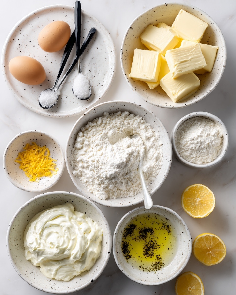The image shows various baking ingredients placed in different white ceramic bowls with black specks, all arranged on a white marbled surface. In the center bottom, there is a bowl with a white soft creamy substance, likely ricotta or cream cheese. To its right, a bowl contains flour with a smooth white spoon inside and a similar spoon with white powder resting in another bowl next to it. In the top right area, a white bowl holds neatly cut yellow butter squares. Near the top left, a round white plate has two small spoons - one black with white powder and one white with a little brown liquid. Two brown eggs sit in a small bowl at the bottom left, close to two half-cut lemons and a separate bowl holding bright yellow lemon zest. Another white bowl contains a yellow liquid with green specks, possibly oil with herbs. The layout is bright, clean, and organized in a top-down view. Photo taken with an iphone --ar 4:5 --v 7