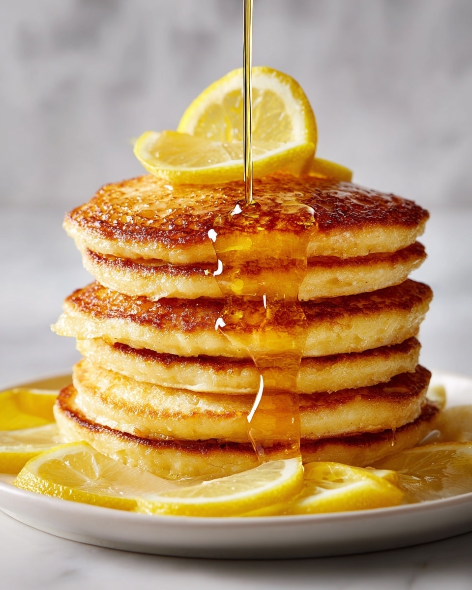 A stack of six thick, fluffy golden pancakes sits on a white plate over a white marbled surface, each layer showing a slightly browned, crispy edge with soft, light centers. Thin, bright yellow lemon slices are laid around the bottom edge of the stack, and two lemon slices are placed on top. A golden syrup is being poured over the top pancake, dripping down the sides, giving the stack a shiny, sticky look. photo taken with an iphone --ar 4:5 --v 7