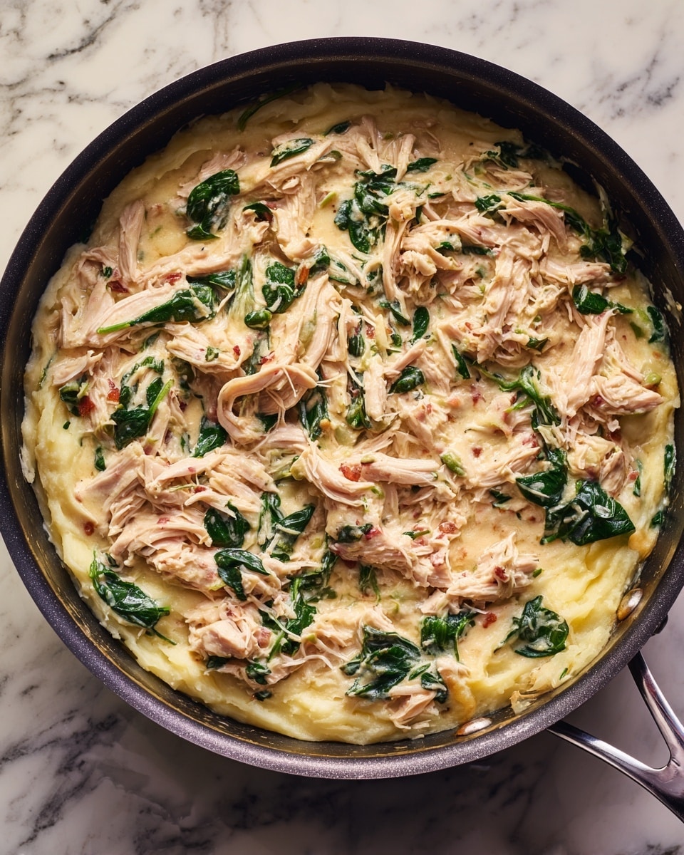 A frying pan filled with a creamy mixture of shredded light pink chicken pieces, wilted dark green spinach, and soft yellowish mashed potatoes all stirred together. The creamy mashed potatoes create a smooth, thick base, while the shredded chicken adds a tender, fibrous texture spread evenly on top. The spinach leaves are scattered throughout, adding spots of deep green color that contrast with the pale mash and chicken. The pan is resting on a stove with a white marbled counter around it. Photo taken with an iphone --ar 4:5 --v 7