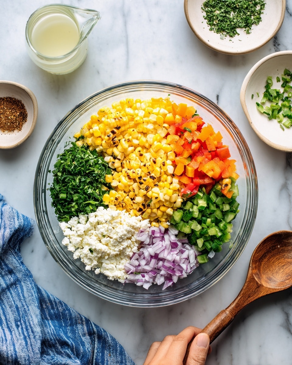 A clear glass bowl holds the salad, showing six different layers of ingredients arranged in distinct sections. At the top center, there are yellow grilled corn kernels with some grill marks, to the right of it is a mix of diced orange and red bell peppers. Below the bell peppers is a layer of chopped fresh green herbs, and next to them, finely chopped green onions. Below the green onions is a section of white crumbled cheese, and to the left of the cheese is finely chopped red onions. The bowl sits on a white marbled surface. Around the bowl, there are small white dishes with a creamy white sauce, minced garlic and lime zest, lime juice in a small clear pitcher, and a white plate holding various spices. A woman's hand holds a wooden spoon resting on the right side near a blue and white striped cloth photo taken with an iphone --ar 4:5 --v 7