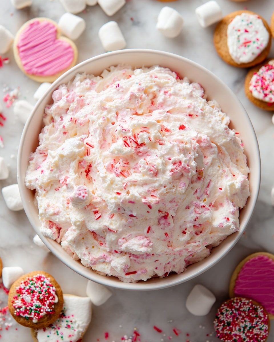 A large white bowl filled with a light, fluffy mixture that looks creamy and speckled with small bits of red and pink throughout, resembling a whipped marshmallow or dessert salad. The bowl is set on a white marbled surface scattered with small white marshmallows and colorful frosted cookies with sprinkles – some pink, red, and white elements are visible among the marshmallows, giving a festive feel. Photo taken with an iphone --ar 4:5 --v 7