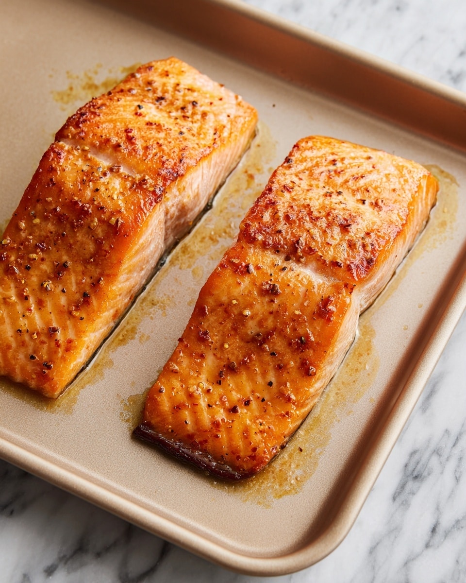 Two cooked salmon fillets lie on a beige baking tray. Each fillet has one layer, showing an orange color with a shiny, slightly oily texture on top. The edges of the salmon are darker and slightly crisped, especially on the bottom side touching the tray. Tiny pieces of seasoning and oil gather on the surface of the fish, giving it a textured look. The tray rests on a white marbled surface. Photo taken with an iphone --ar 4:5 --v 7