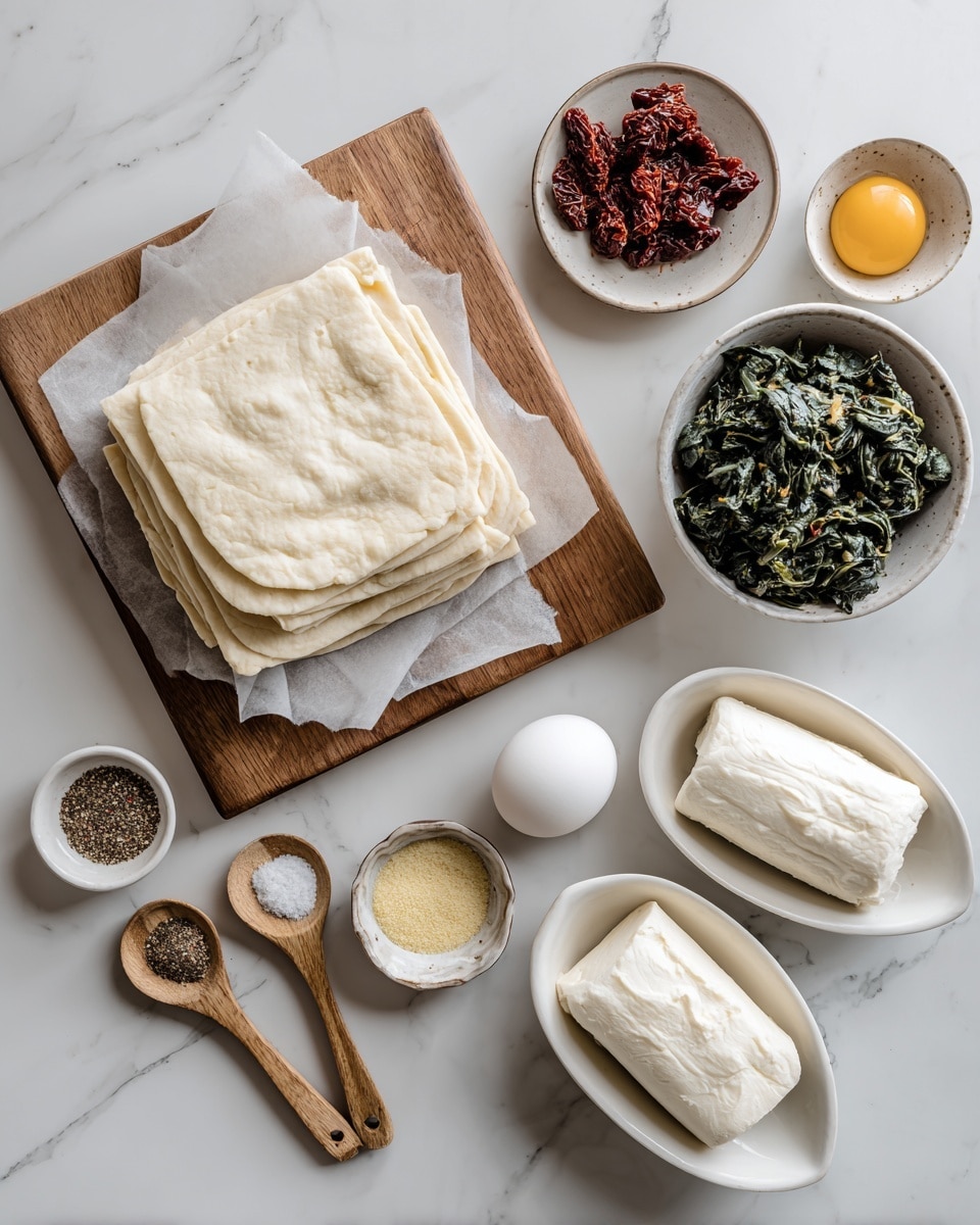 The image shows ingredients for a recipe laid out on a white marbled surface. There is a rectangular wooden board with a stack of light beige dough sheets on it, topped with a piece of white parchment paper, and next to it lies a whole white egg. To the right, there is a white bowl filled with dark green, frozen spinach blocks, and below it, a small white bowl contains dried red tomato pieces. Below and to the left are two small wooden spoons, one with black pepper and the other with salt. Next to them is a small white bowl with a light yellow powder, likely garlic powder. On the right side, two white, oval-shaped dishes each hold a soft white cheese log. The ingredients are neatly arranged with clear space between them. photo taken with an iphone --ar 4:5 --v 7