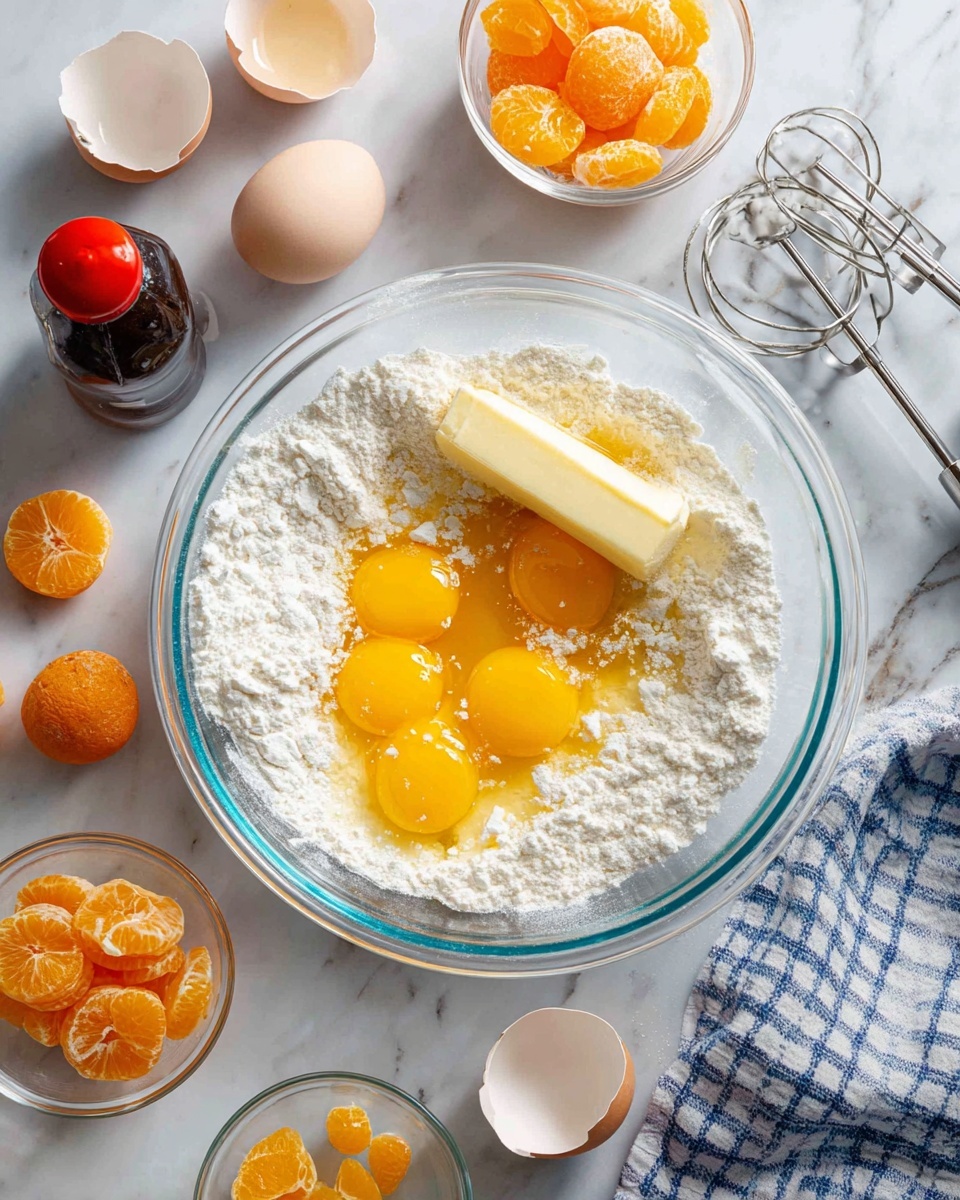 A large clear glass bowl holds a mixture of six broken eggs with bright yellow yolks, white flour sprinkled over, a long stick of pale yellow butter resting on top, and bright orange mandarin segments scattered around the sides. Around this bowl on a white marbled surface are four cracked white eggshells inside another clear glass bowl, a small bowl with more bright orange mandarin pieces, a tiny empty clear bowl, a dark bottle with a red cap, metal measuring spoons, and beaters for a mixer. A blue and white checkered towel is nearby. photo taken with an iphone --ar 4:5 --v 7