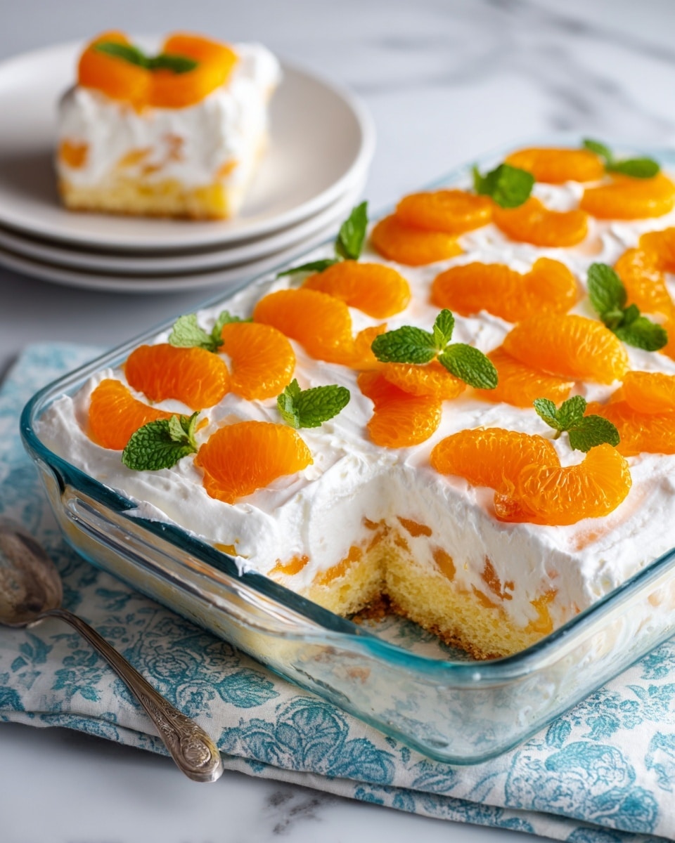 A glass rectangular dish filled with a yellow cake base at the bottom layer, topped with a thick layer of white whipped cream mixed with fruit pieces, evenly spread. On top of the whipped cream layer, there are bright orange mandarin slices and green mint leaves arranged in rows, each piece of cake cut into squares. A slice is removed from the dish and placed on a white plate in the background. The dish is on a white marbled surface with a light blue patterned cloth in the background. Photo taken with an iphone --ar 4:5 --v 7