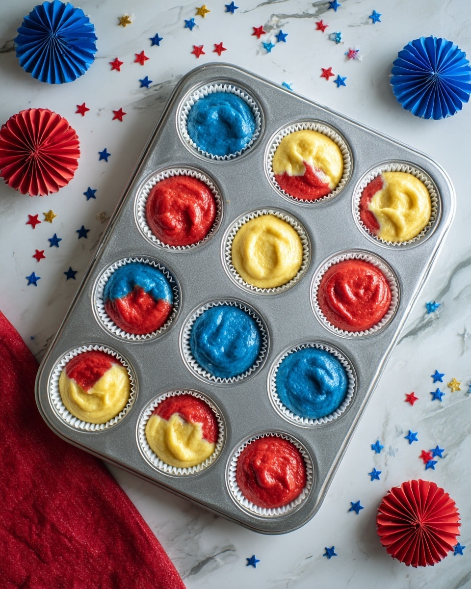 A silver muffin tray with 12 white paper liners, each filled with three sections of thick batter in bright red, deep blue, and creamy yellow colors. The colors are placed side by side inside each liner, creating a vibrant, tri-color pattern. The tray is set on a white marbled surface with small, scattered red and blue star-shaped sprinkles around it. There is a red cloth partially visible at the bottom left corner and two pinwheels with blue and red star patterns at the top and right edges. Photo taken with an iphone --ar 4:5 --v 7