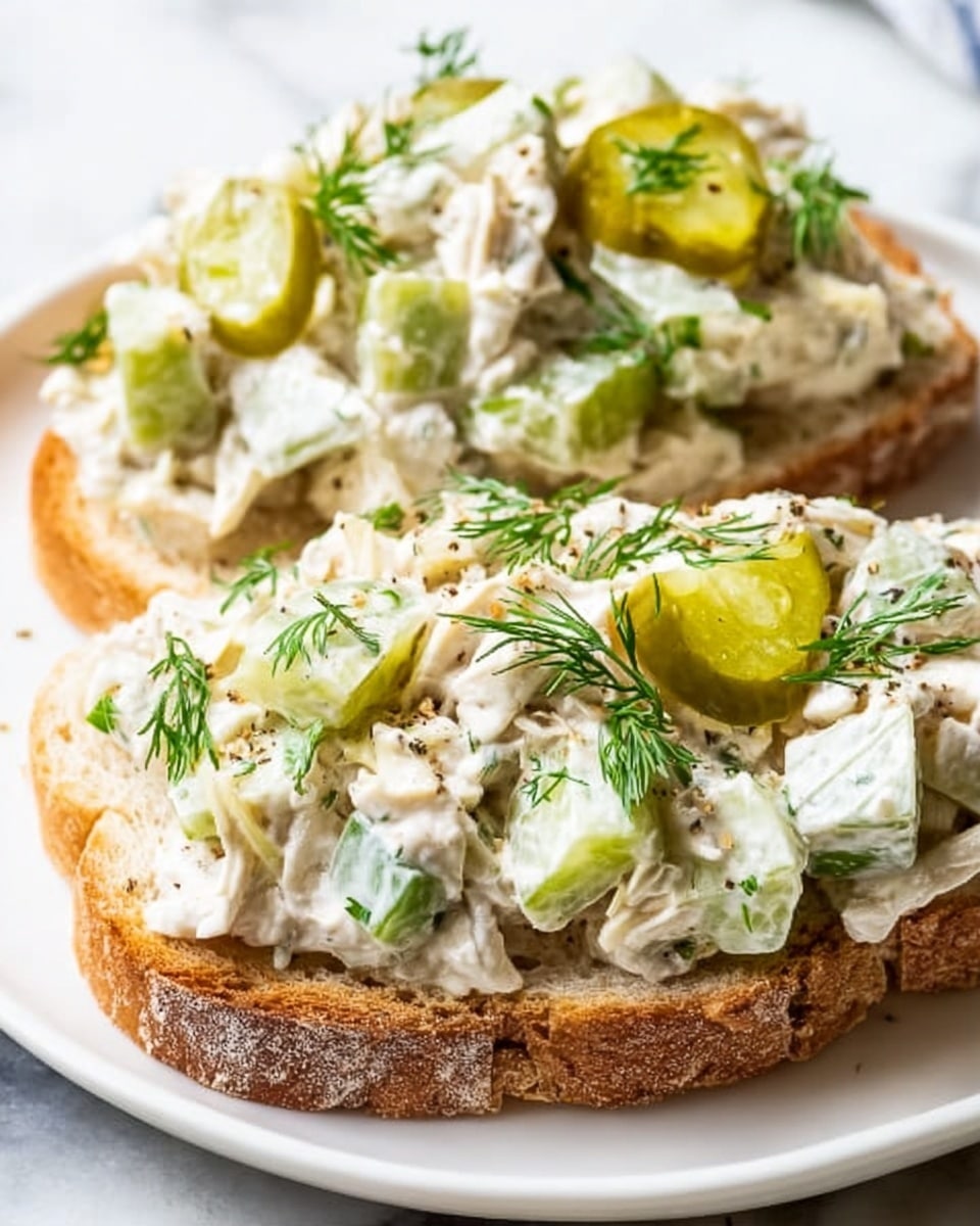 Two slices of toasted bread sit on a white plate with a white marbled surface underneath. Each slice is layered with a creamy white chicken salad mixed with small pieces of green celery, thinly sliced green pickles, and fresh dill sprinkled on top. The textures show the rough toast base, soft creamy salad with chunks of celery and pickles, and delicate green dill as the green highlights throughout. The scene is bright and natural, with a close view focusing on the food details. photo taken with an iphone --ar 4:5 --v 7