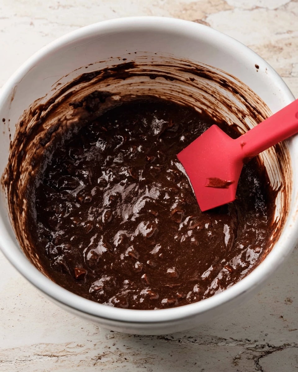 Inside a white bowl, there is a thick dark brown batter with a rough texture and little lumps scattered throughout. A bright red spatula is partially dipped in the batter on the right side, coated with the same dark mixture. Around the edges of the bowl, streaks of batter cling to the inner sides. The bowl sits on a white marbled surface. Photo taken with an iphone --ar 4:5 --v 7