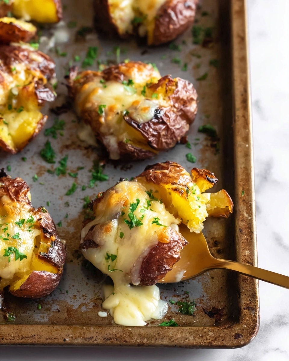 The image shows a metal baking tray filled with several smashed roasted potatoes. Each potato piece has a crispy, golden-brown skin with a soft, yellow inside that is slightly broken up and flattened. On top of each potato is a layer of melted pale yellow cheese that looks creamy and slightly browned in some places. Small bits of green herbs, possibly parsley, are sprinkled over the potatoes and the tray. The tray has a few dark roasted spots and small melted cheese patches around the potatoes. The tray is placed on a white marbled texture surface. photo taken with an iphone --ar 4:5 --v 7
