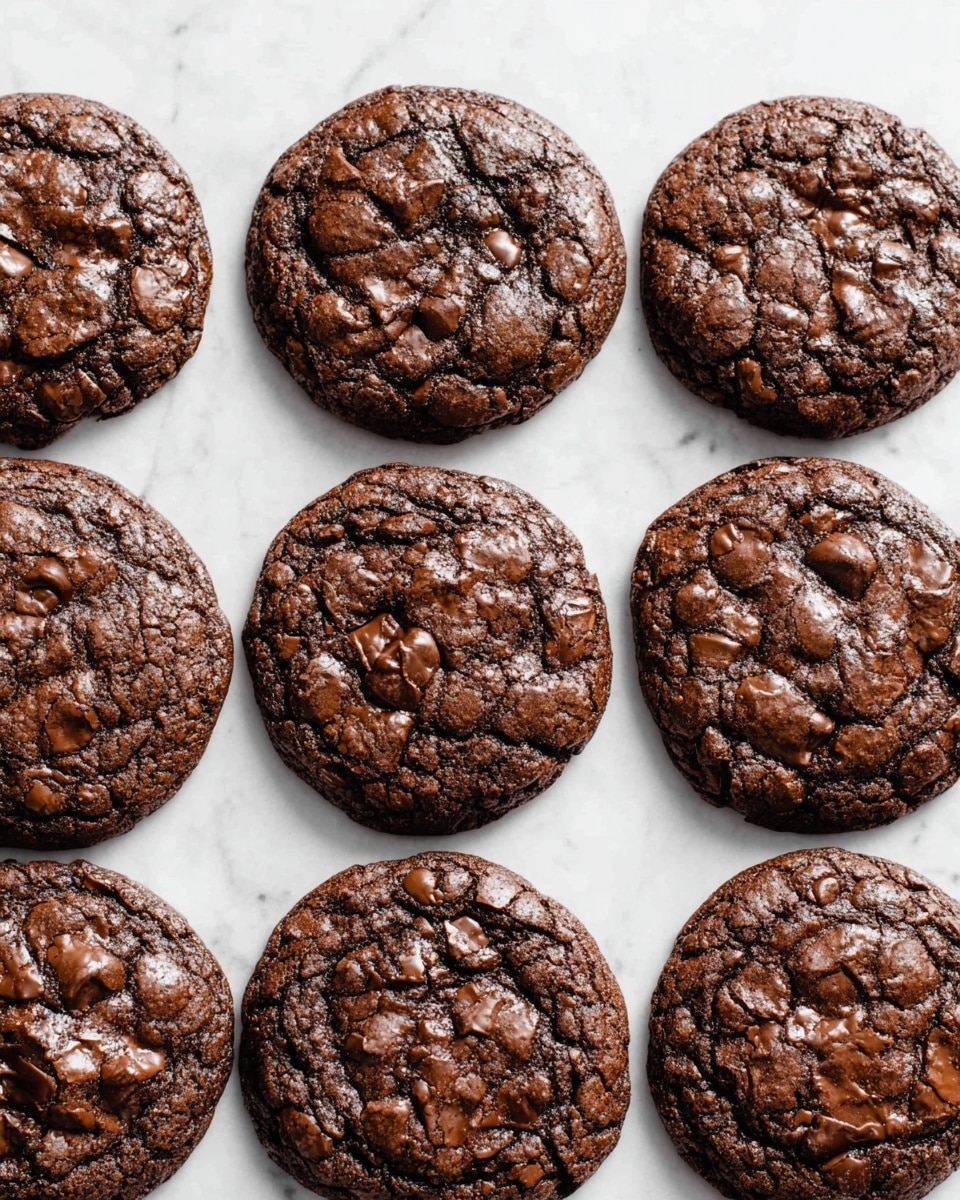 The image shows a close-up of nine rich chocolate cookies arranged in a grid pattern on a white marbled surface. Each cookie is round with a slightly cracked surface, showing a mix of glossy and matte dark brown textures with visible chocolate chips embedded throughout. They have a slightly uneven, homemade appearance with a chewy look. The cookies are evenly spaced, filling the frame from left to right and top to bottom, with soft shadows giving a sense of depth. Photo taken with an iphone --ar 4:5 --v 7