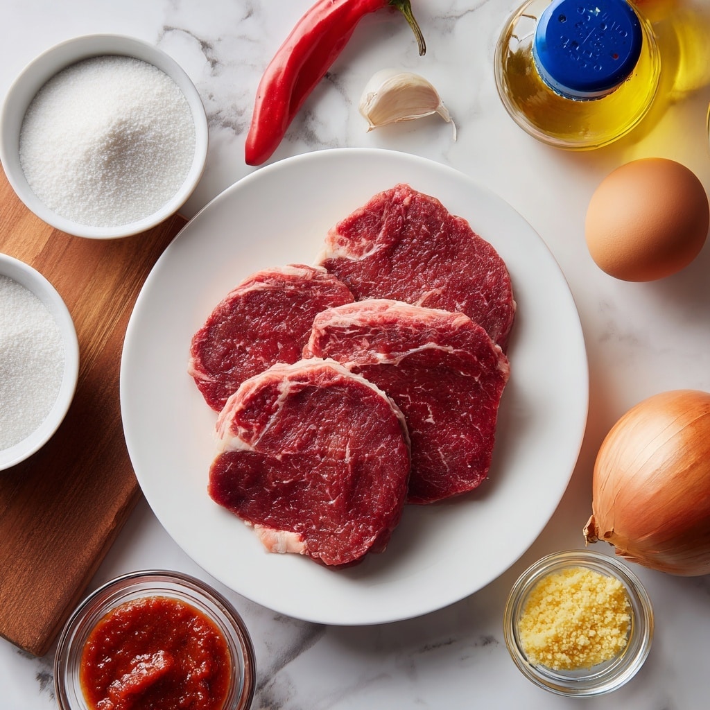 A white round plate in the center holds three raw steaks with visible marbling and a deep red color, stacked loosely on top of each other. Surrounding the plate are small white bowls containing various ingredients: one has white granulated sugar, another with white cornstarch, and a third with a red ketchup-like paste. To the right, a red chili pepper and a brown onion sit on the white marbled surface. There is a blue-capped rice vinegar bottle above the steaks, an oil bottle to the top right, and a single brown egg near the onion. Small minced garlic cloves and yellowish minced ginger rest in clear glass bowls under the onion. The background is a white marbled surface with a wooden board underneath the plate to create contrast. White handwritten labels point at each ingredient with simple text. Photo taken with an iphone --ar 4:5 --v 7
