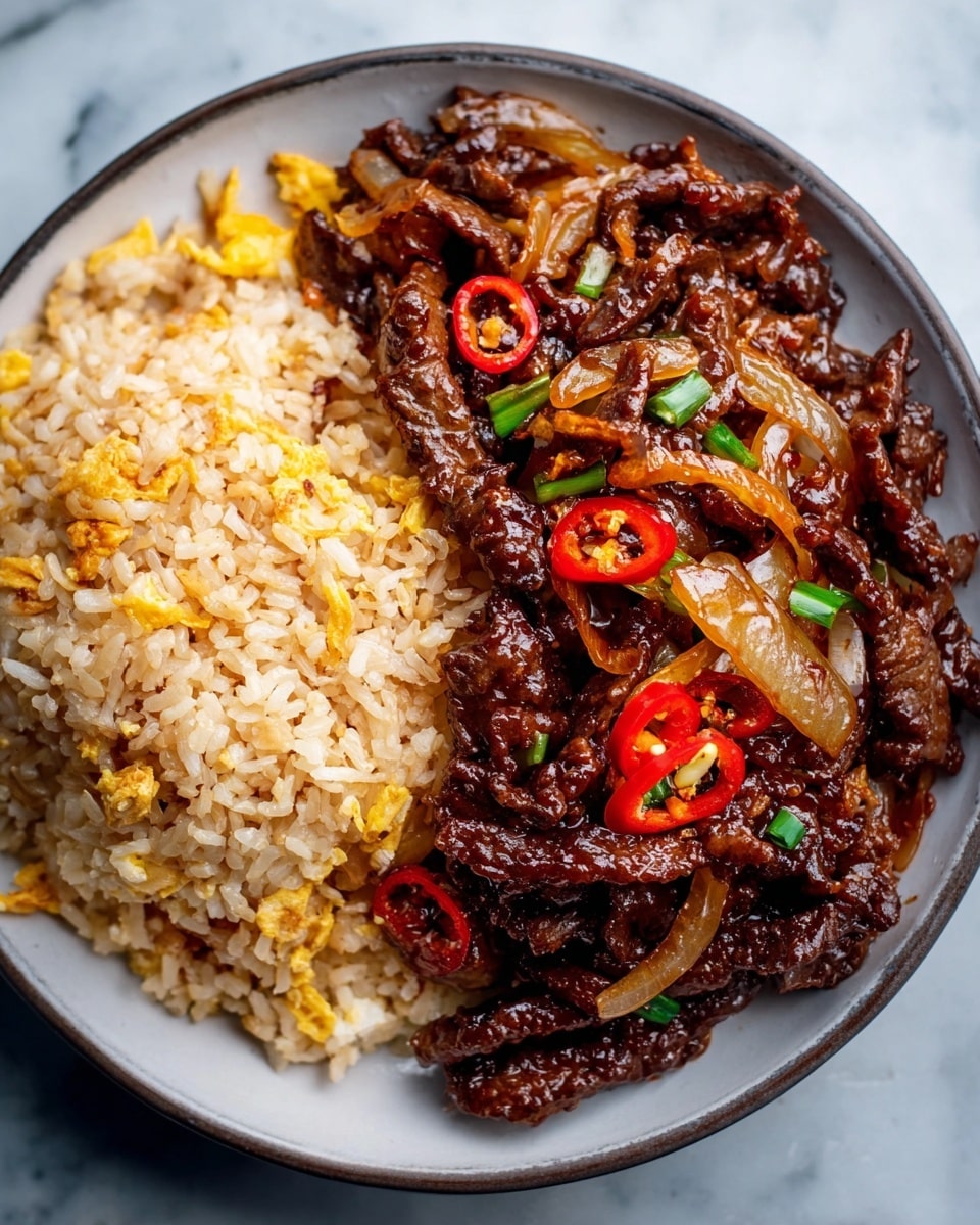 A white plate filled with two main layers: on the left side, a layer of light brown fried rice with bits of yellow egg mixed in, showing a soft, grainy texture; on the right side, a thick layer of dark brown stir-fried beef strips coated in a glossy sauce, mixed with translucent cooked onion slices and thin red chili rings, creating a shiny and rich look. The background has a white marbled texture. Photo taken with an iphone --ar 4:5 --v 7