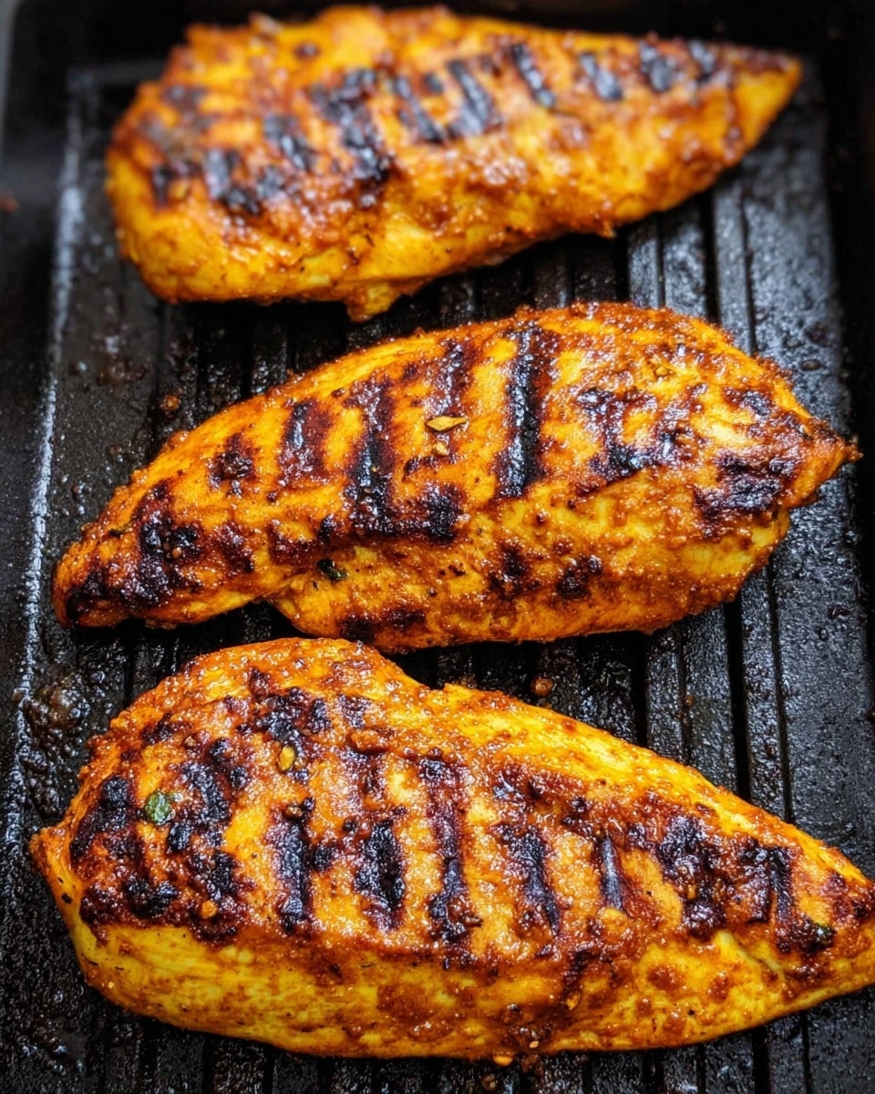 Three grilled chicken pieces with a bright orange color and dark char marks are placed side by side on a black grill pan. The chicken has a slightly shiny surface showing the spices, with textured grill lines running across each piece. The background shows the grill pan’s ridged texture. photo taken with an iphone --ar 4:5 --v 7