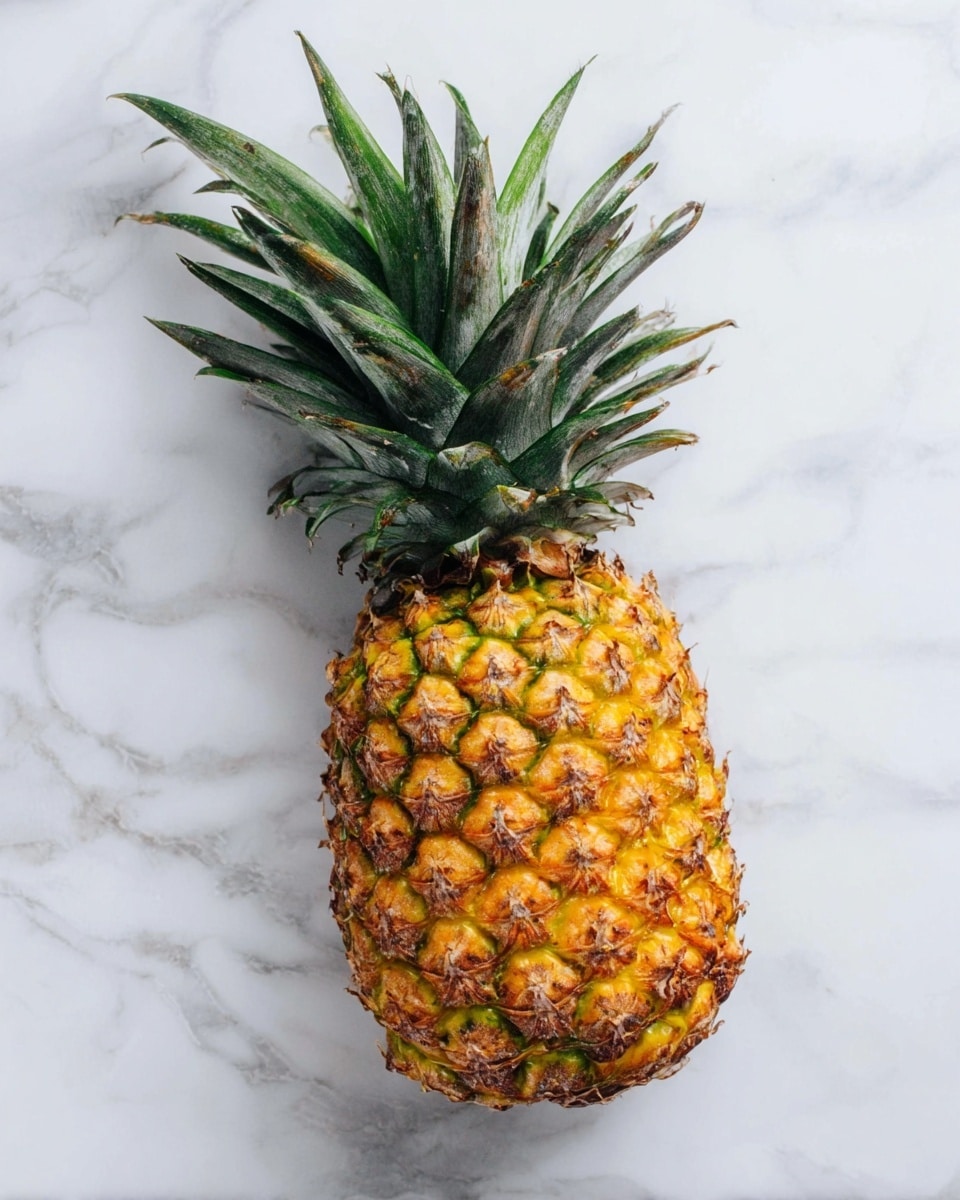 A whole pineapple lies flat on a white marbled surface, showing its textured outer skin with shades of yellow, orange, and green. The pattern of the pineapple’s diamond-shaped scales is clearly visible, while the crown of spiky green leaves extends to the top right, with some browning on the leaf edges. The lighting highlights the rough and bumpy texture of the pineapple skin and the smooth, pointed leaves. Photo taken with an iphone --ar 4:5 --v 7